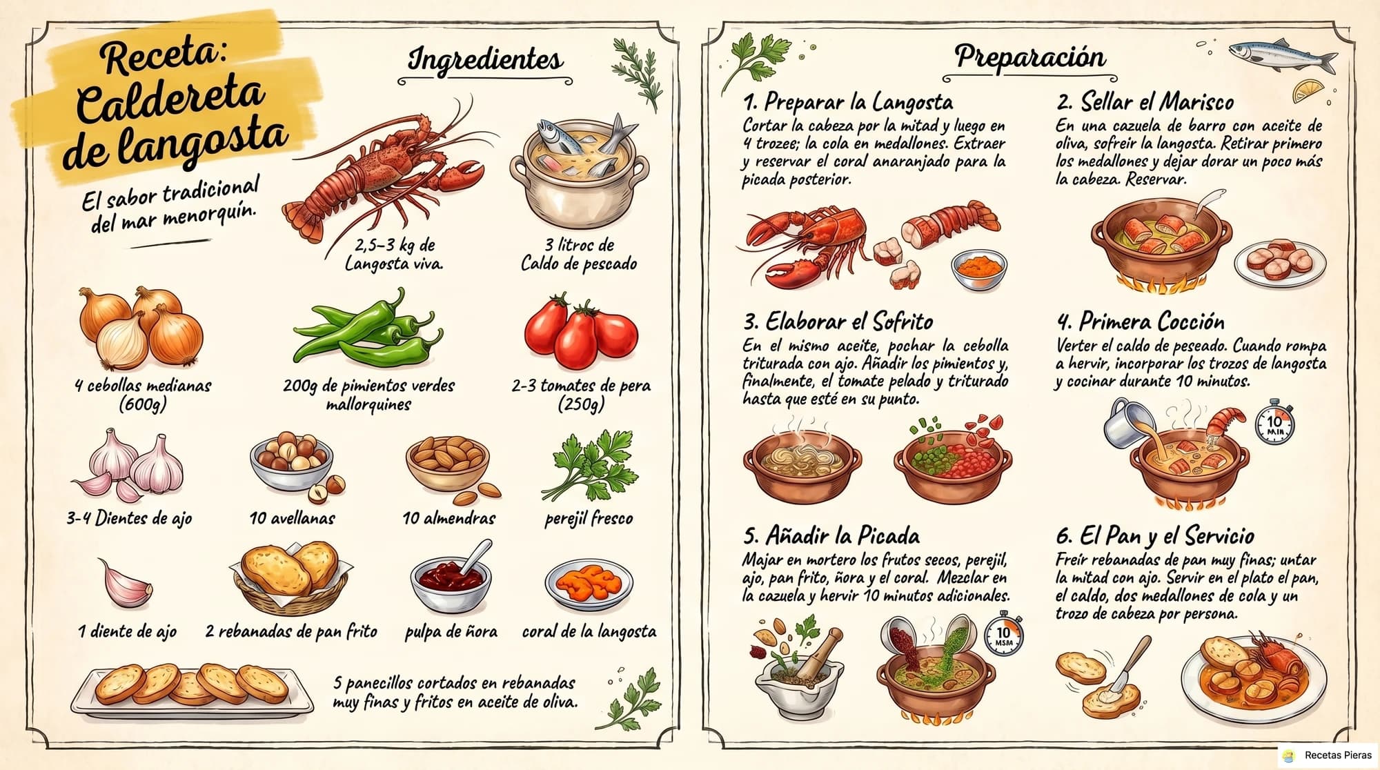 Infografía con los ingredientes y la preparación de Caldereta de langosta