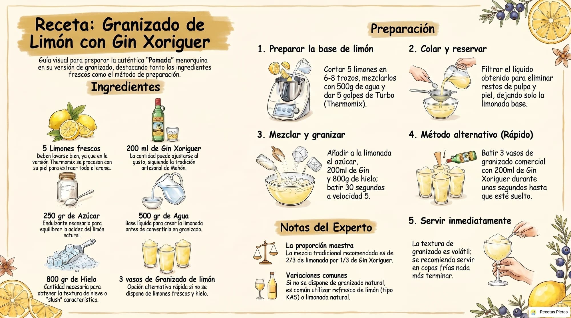 Infografía con los ingredientes y la preparación de Granizado de limón con gin xoriguer – pomada