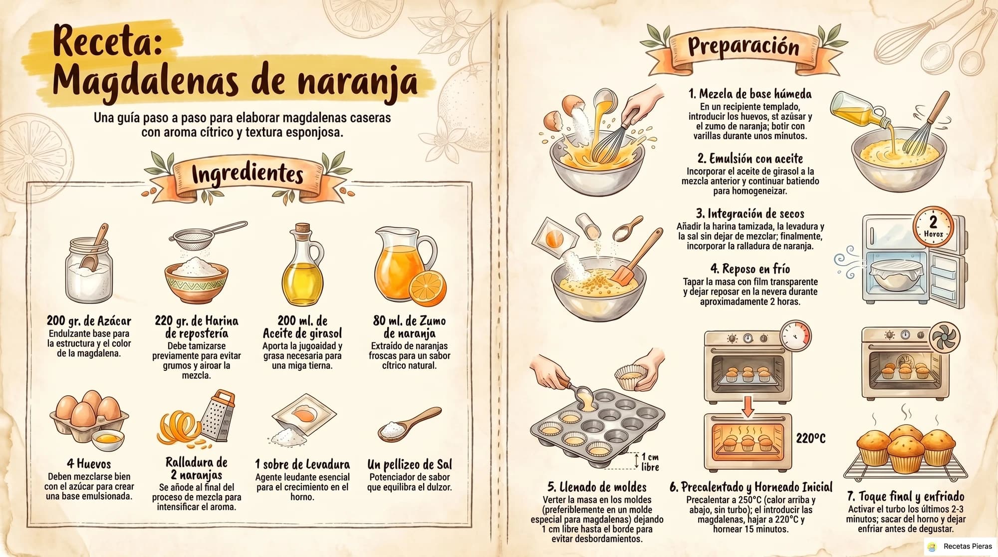 Infografía con los ingredientes y la preparación de Magdalenas de naranja