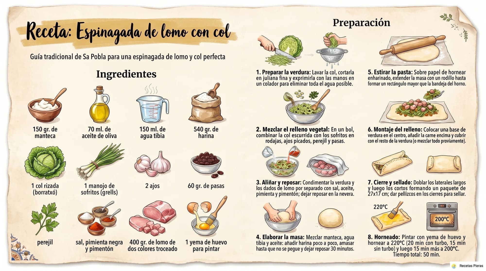Infografía con los ingredientes y la preparación de Espinagada de lomo con col
