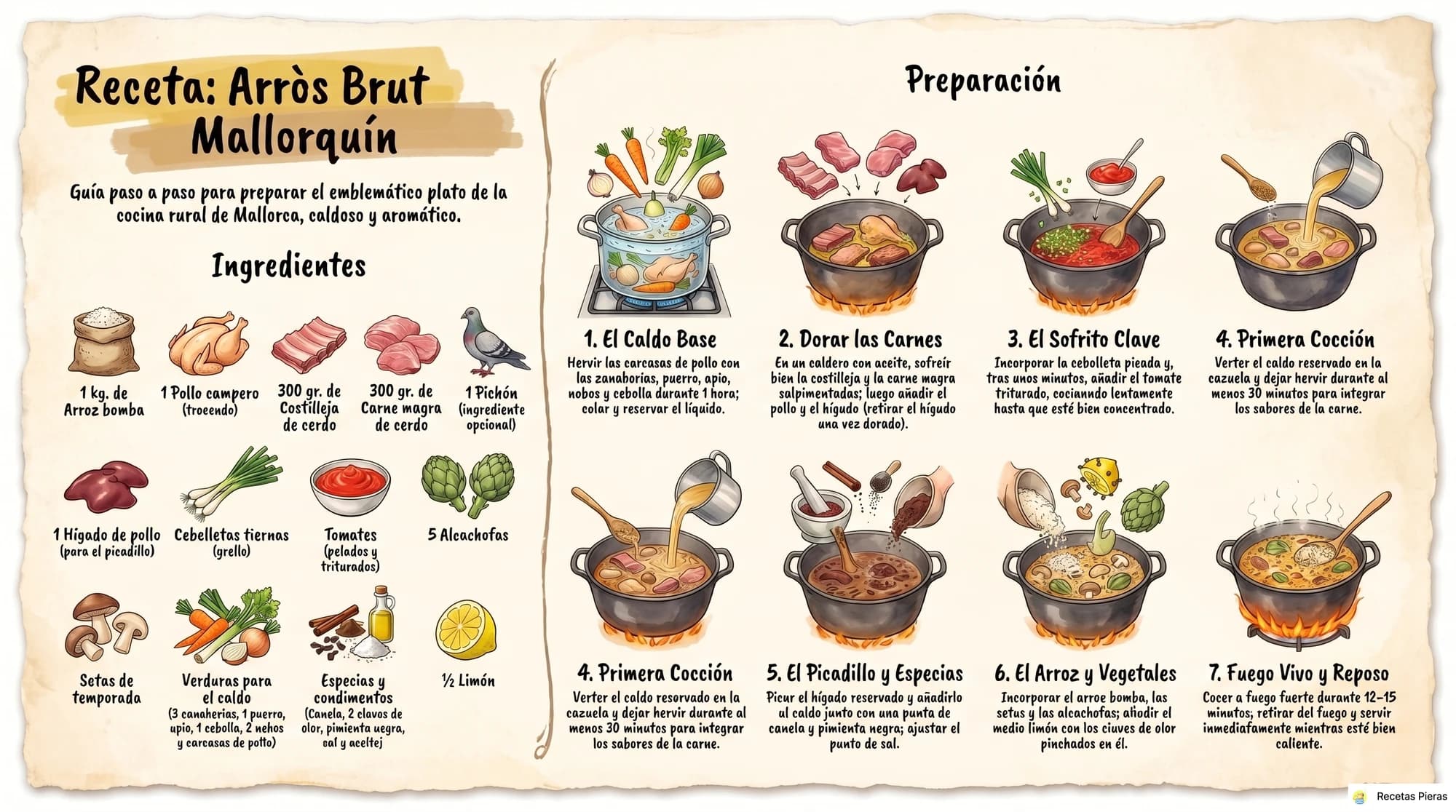Infografía con los ingredientes y la preparación de Arròs brut