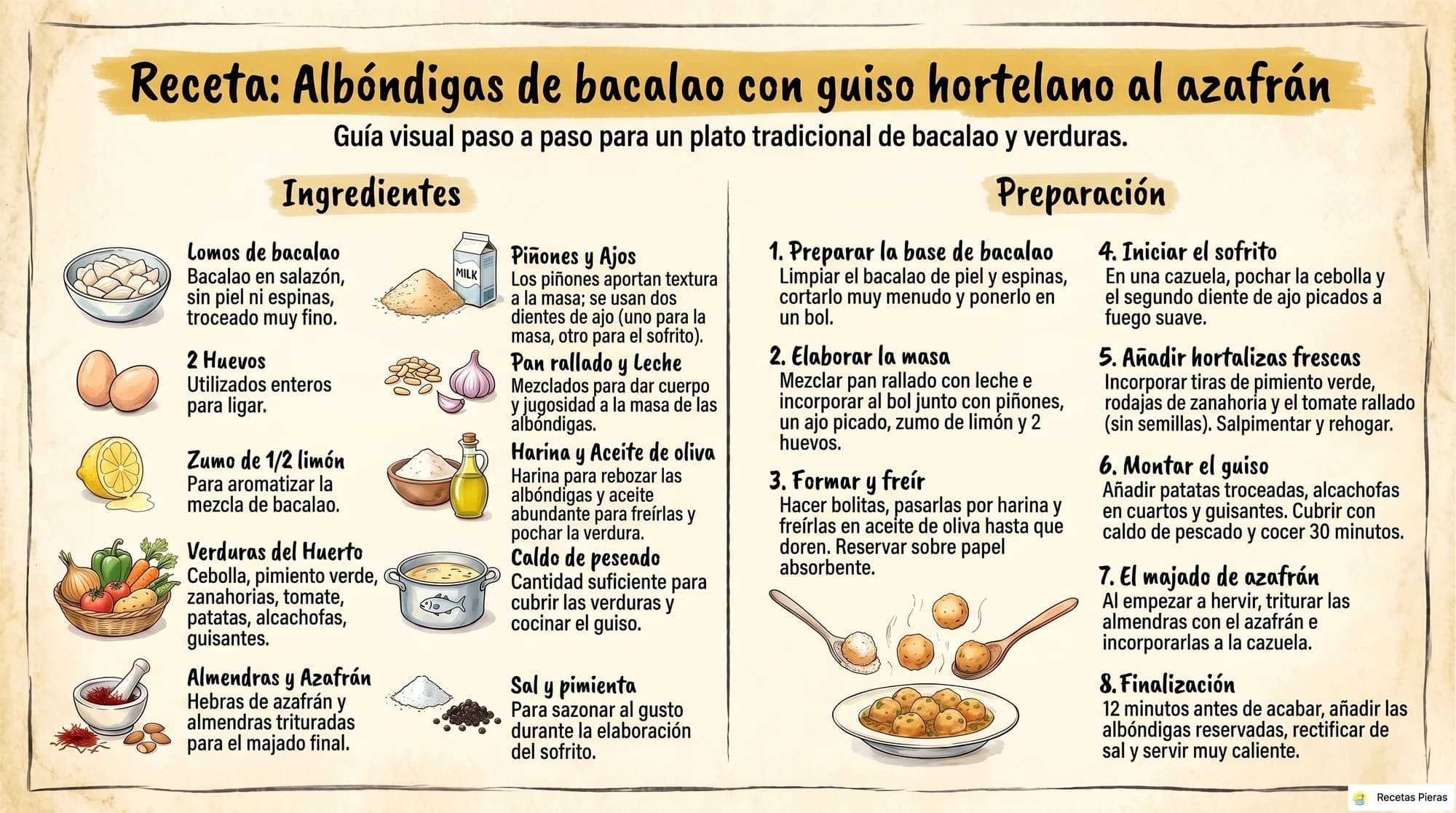 Infografía con los ingredientes y la preparación de Albóndigas de bacalao