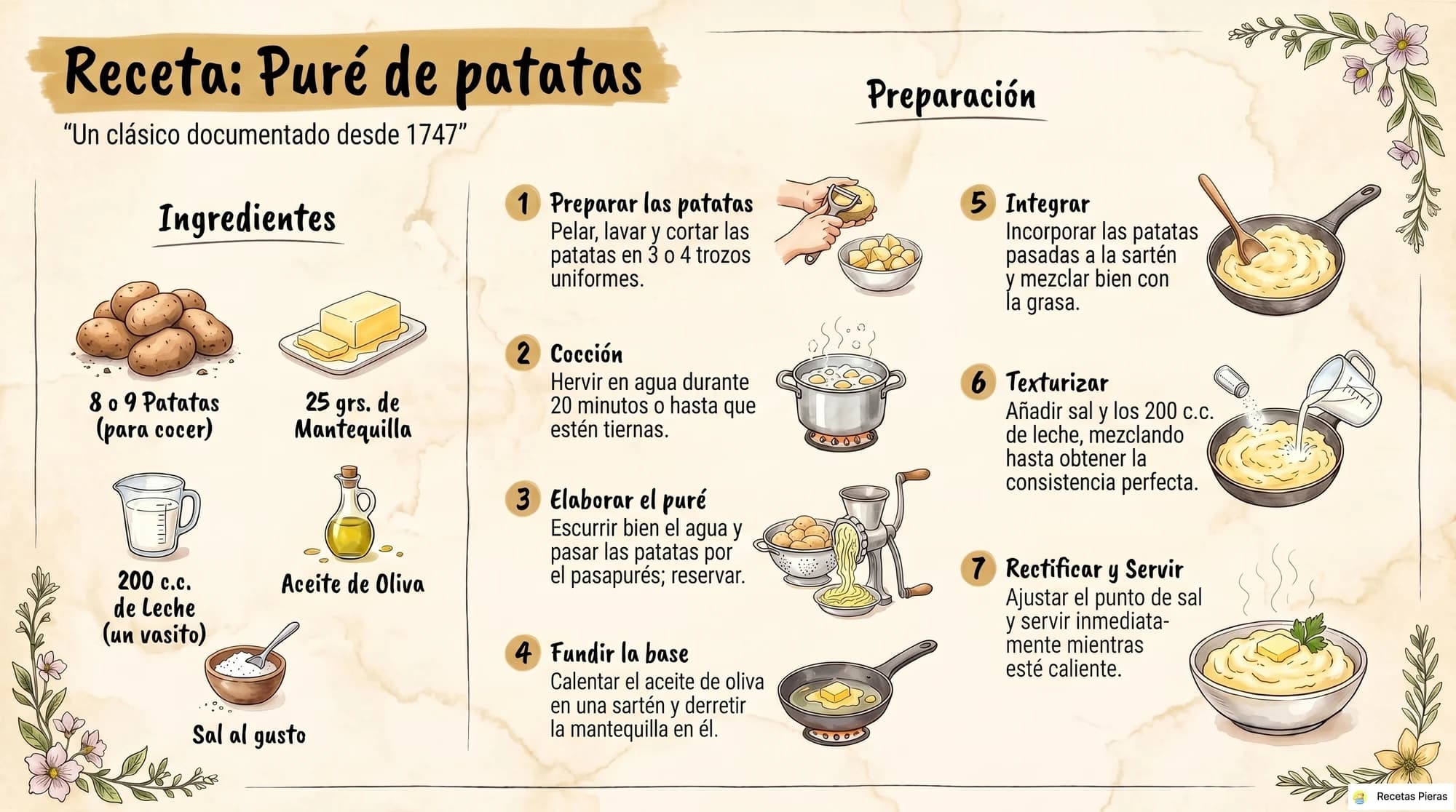 Infografía con los ingredientes y la preparación de Puré de patatas