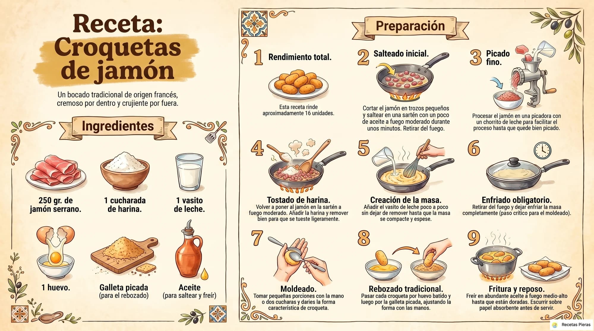 Infografía con los ingredientes y la preparación de Croquetas de jamón