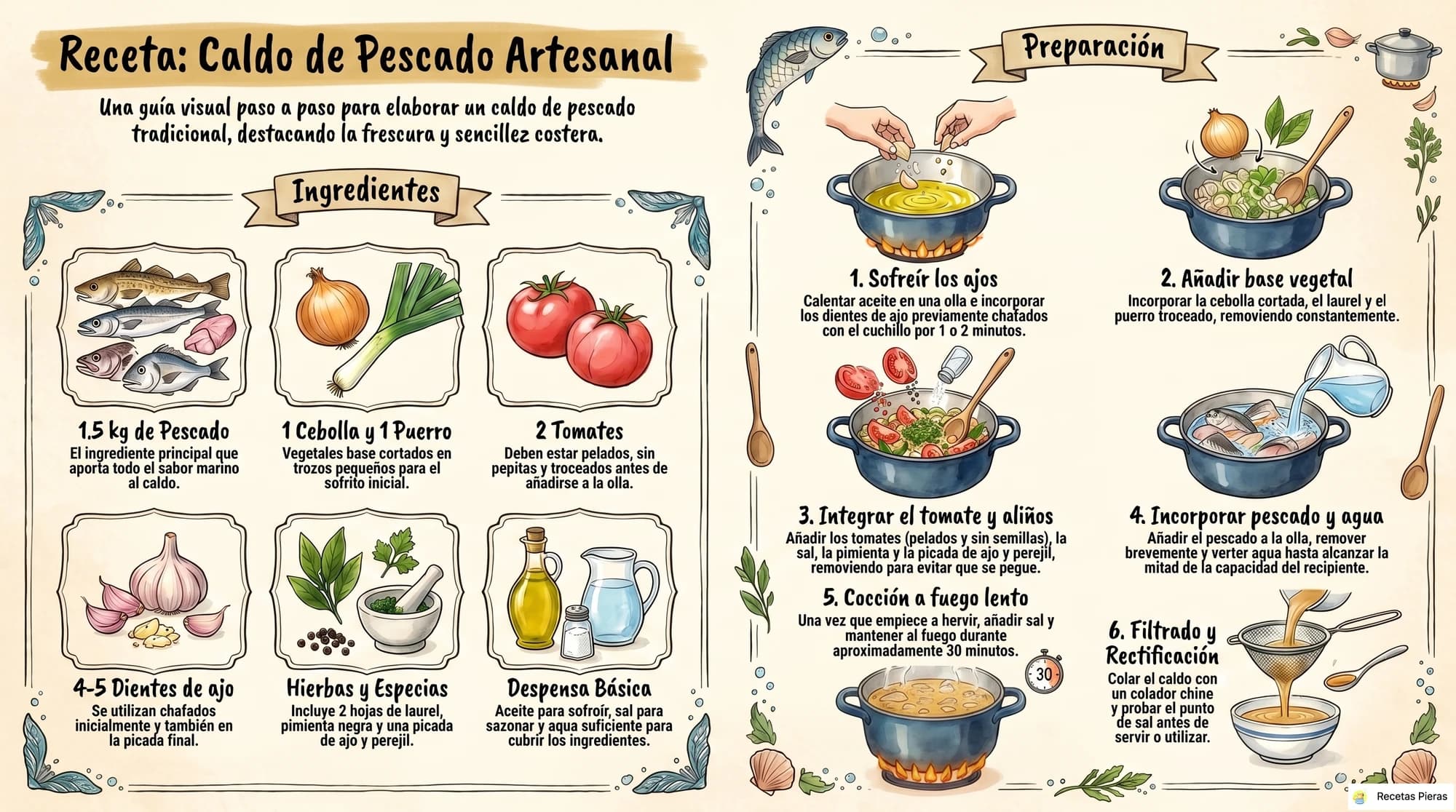 Infografía con los ingredientes y la preparación de Caldo de pescado