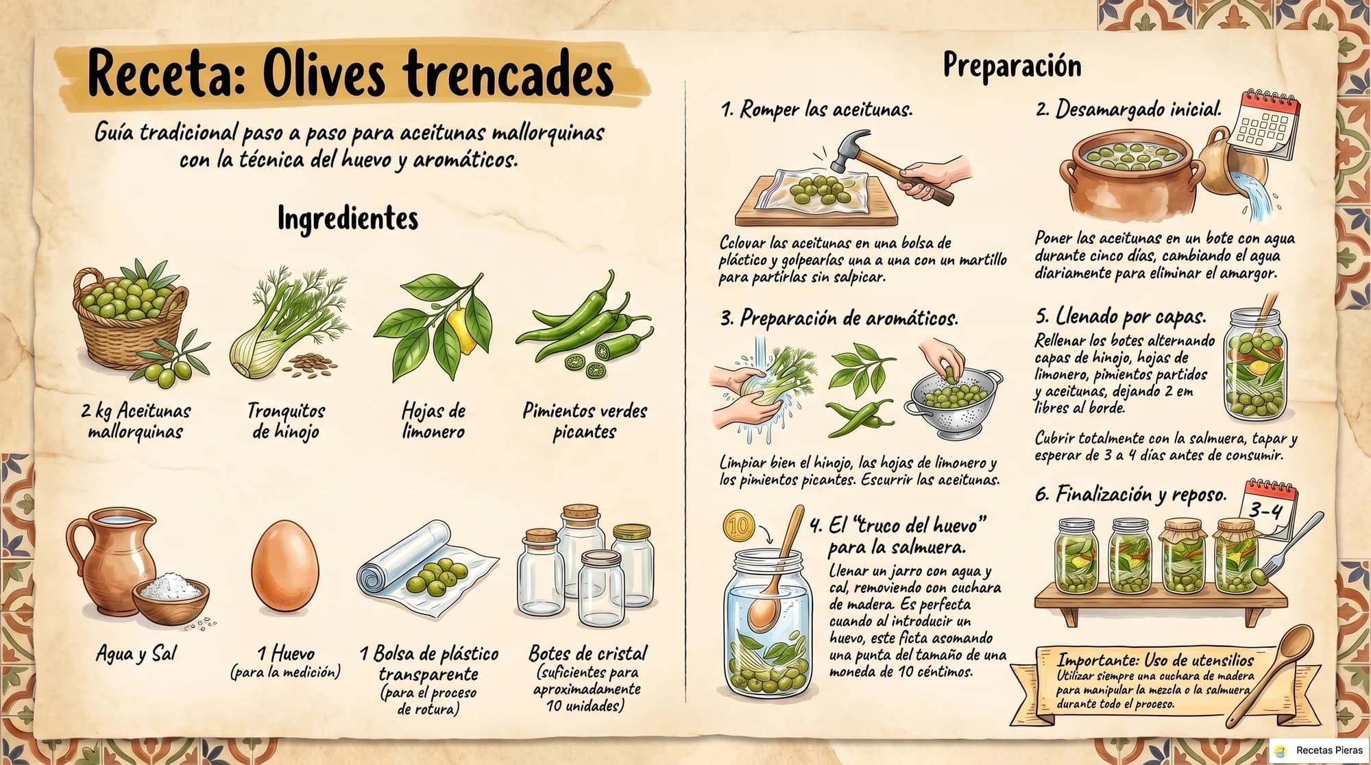 Infografía con los ingredientes y la preparación de Olives trencades