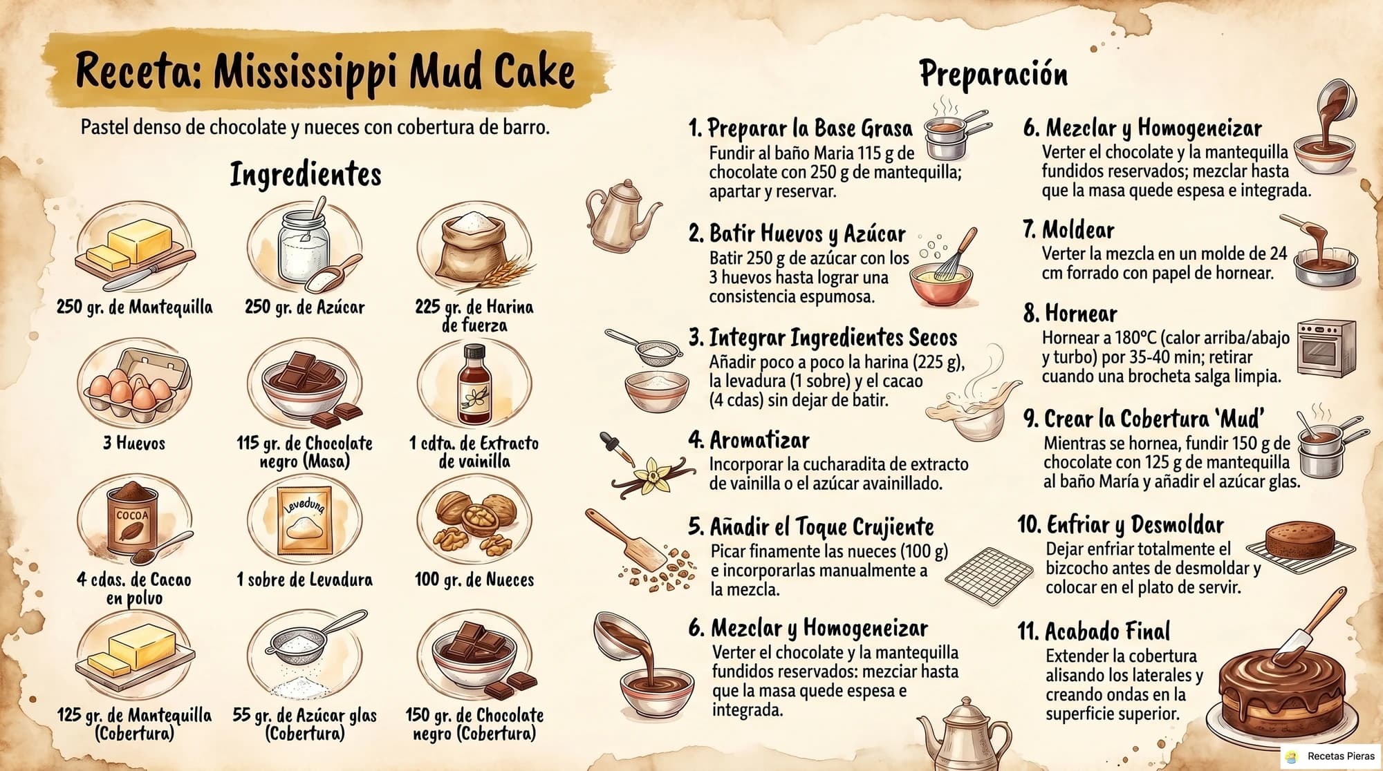 Infografía con los ingredientes y la preparación de Mississippi mud cake