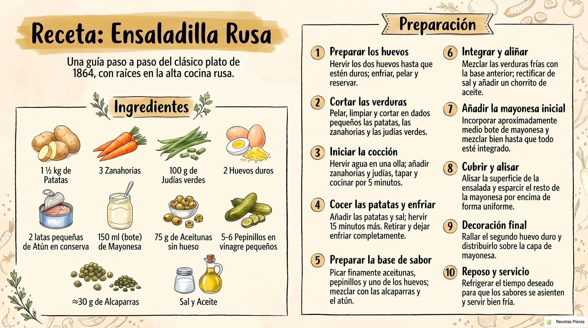 Infografía con los ingredientes y la preparación de Ensaladilla rusa