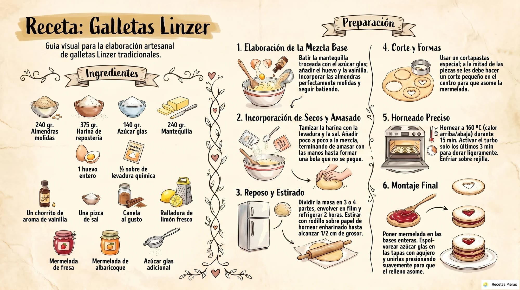 Infografía con los ingredientes y la preparación de Galletas linzer