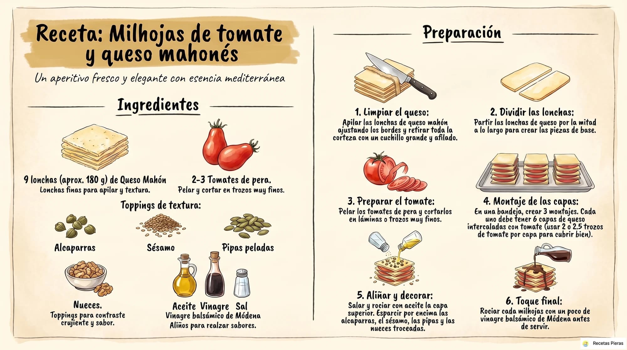 Infografía con los ingredientes y la preparación de Milhojas de tomate y queso mahonés