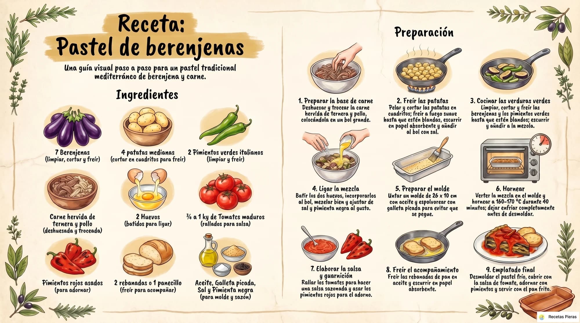 Infografía con los ingredientes y la preparación de Pastel de berenjenas