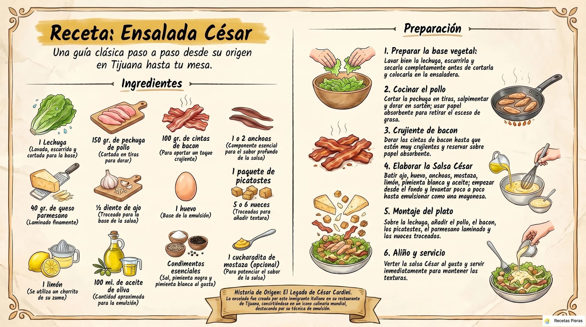Infografía con los ingredientes y la preparación de Ensalada césar