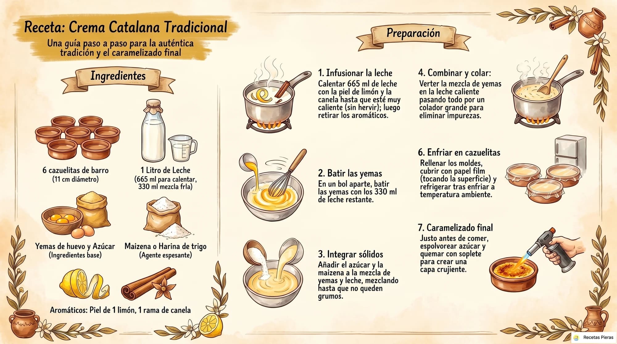 Infografía con los ingredientes y la preparación de Crema catalana