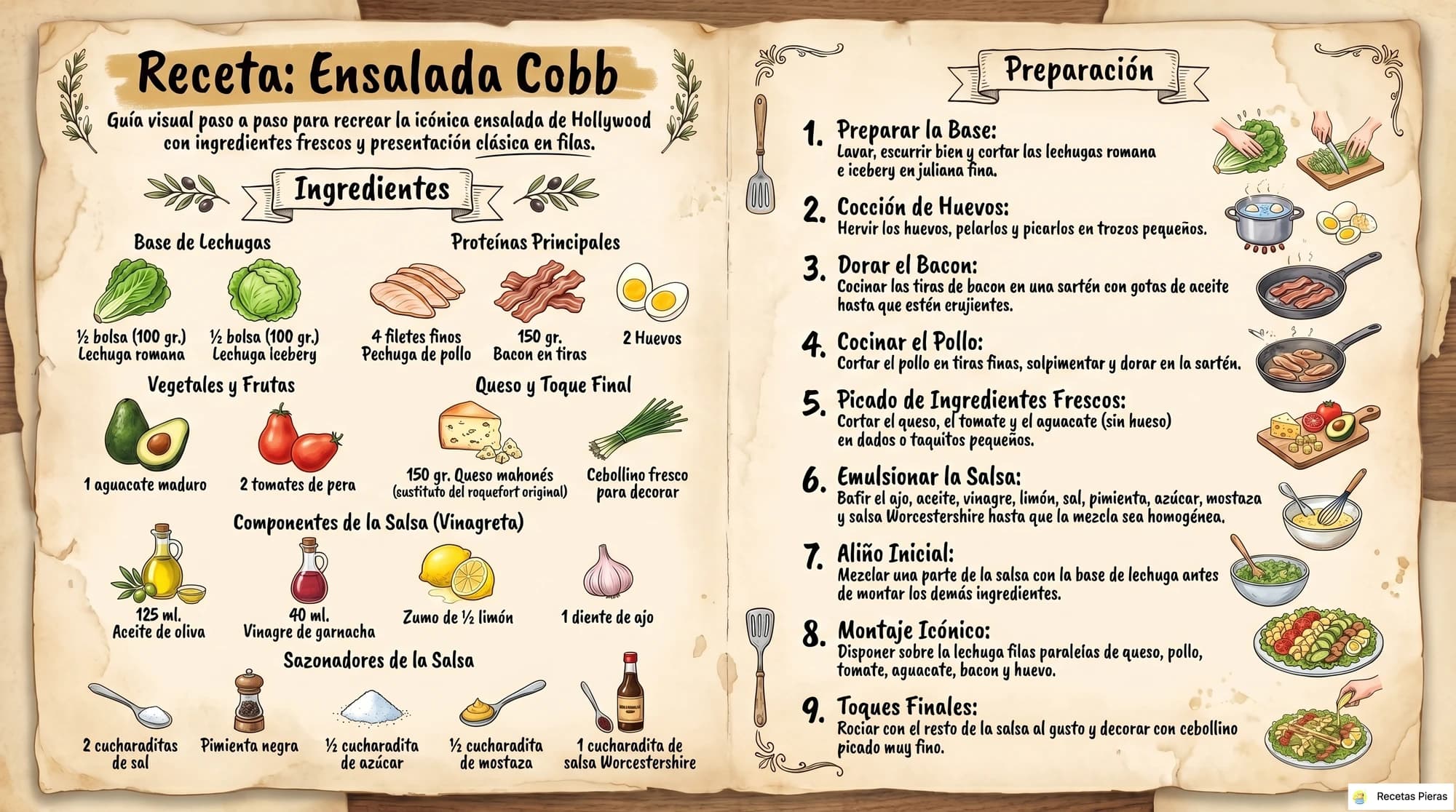 Infografía con los ingredientes y la preparación de Ensalada cobb