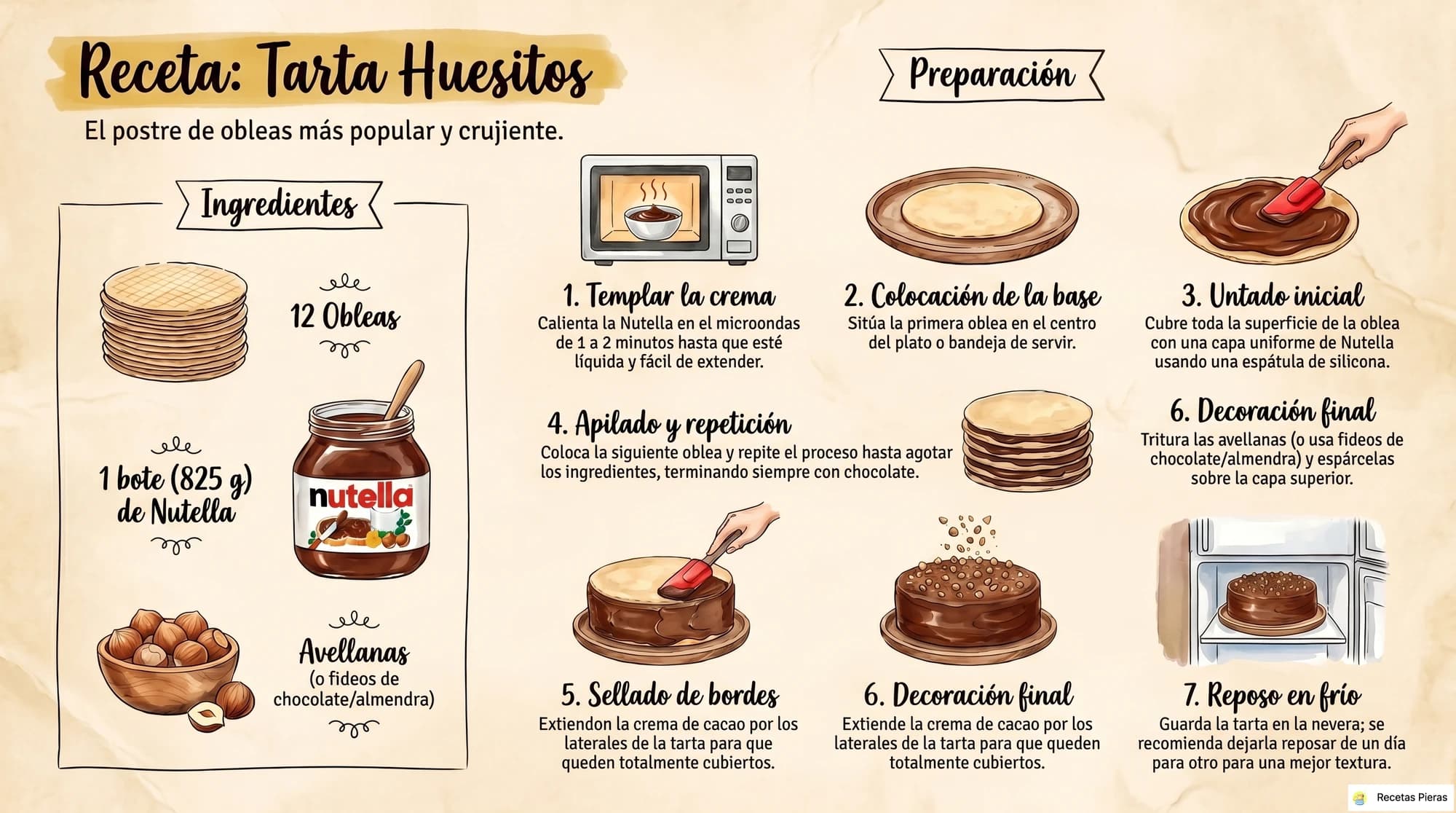 Infografía con los ingredientes y la preparación de Tarta huesitos (obleas y nutella)