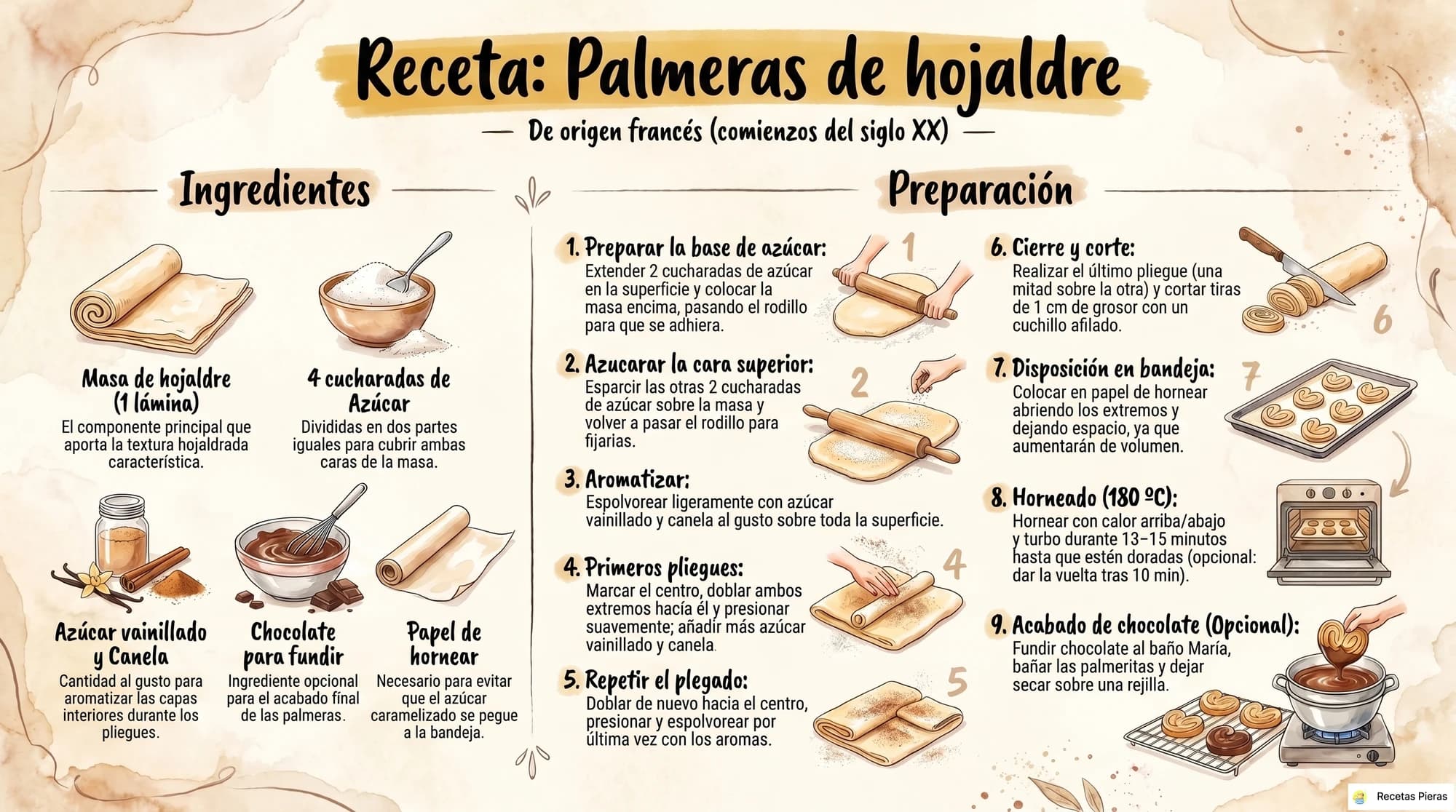 Infografía con los ingredientes y la preparación de Palmeras de hojaldre