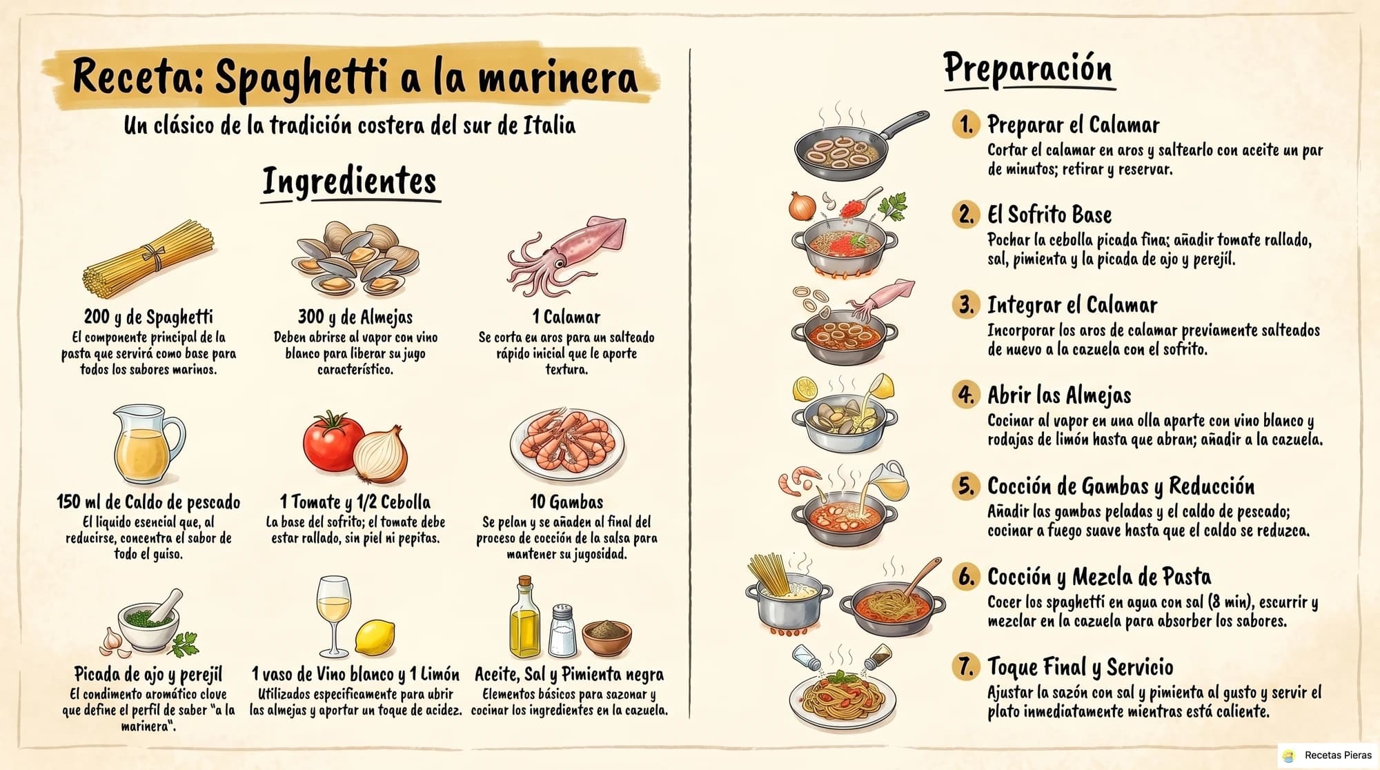 Infografía con los ingredientes y la preparación de Spaghetti a la marinera