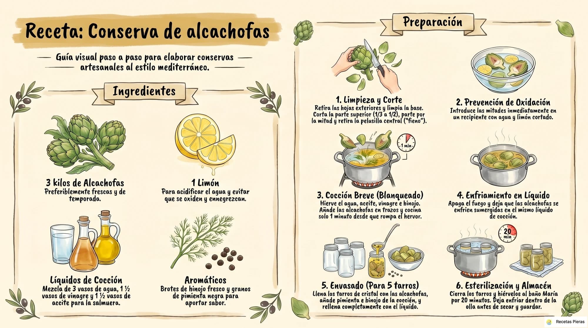 Infografía con los ingredientes y la preparación de Conserva de alcachofas
