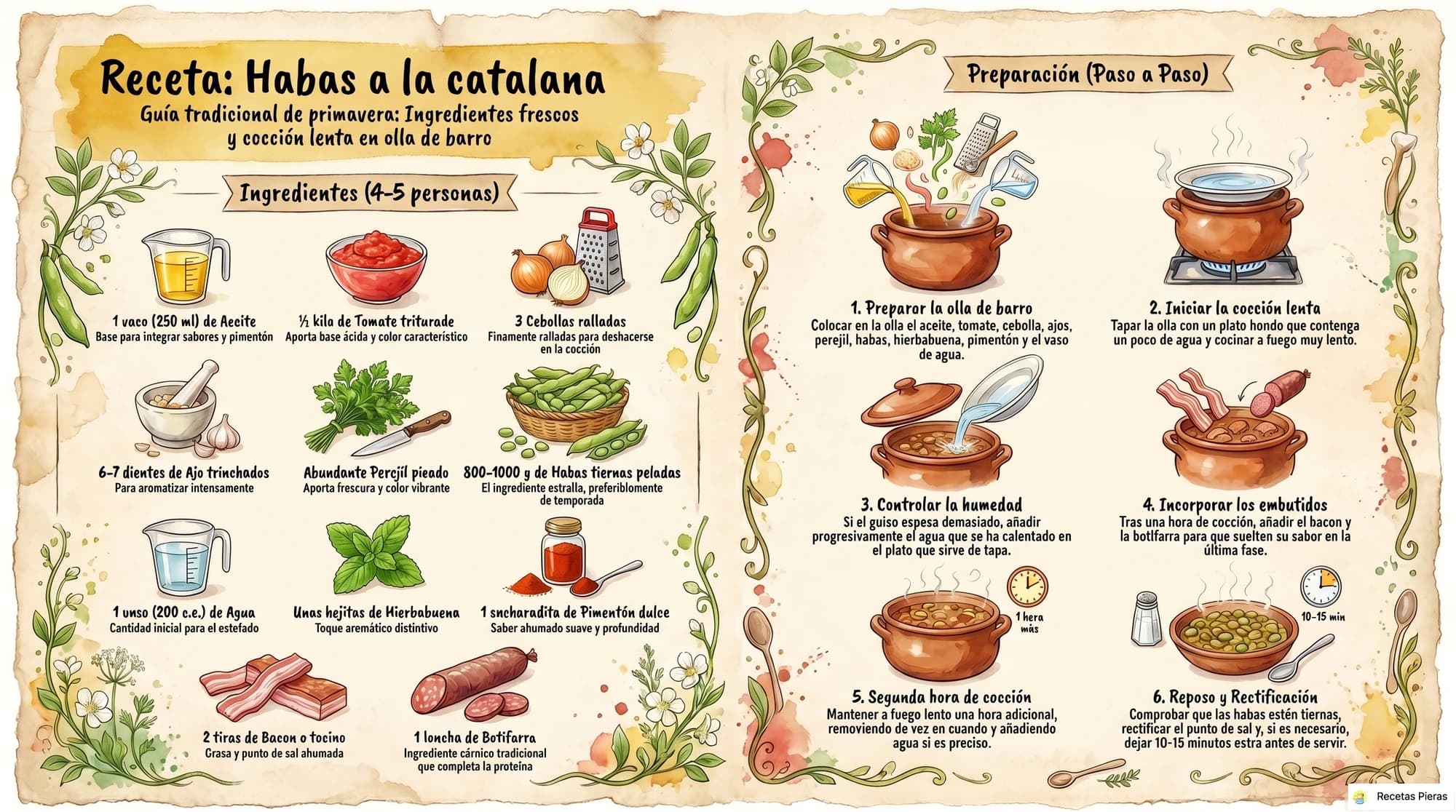 Infografía con los ingredientes y la preparación de Habas a la catalana