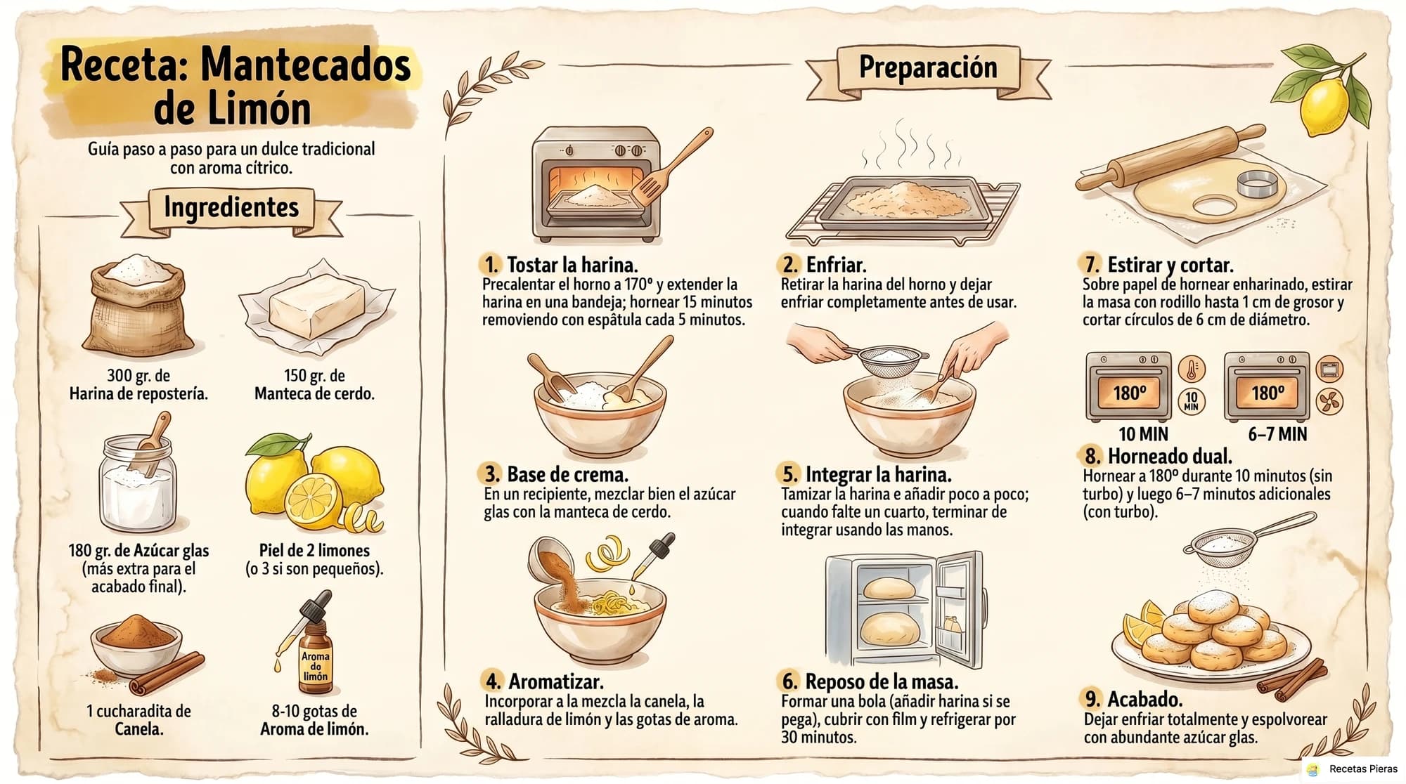 Infografía con los ingredientes y la preparación de Mantecados de limón