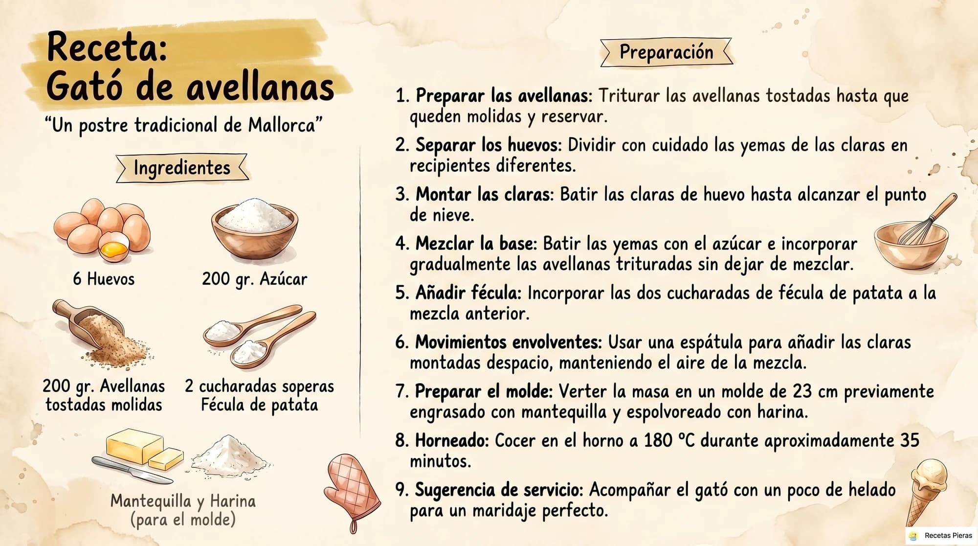 Infografía con los ingredientes y la preparación de Gató de avellanas