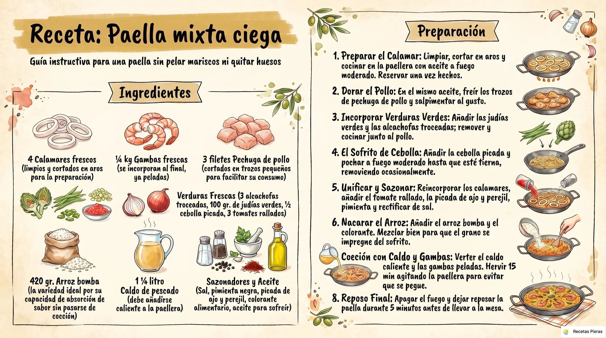 Infografía con los ingredientes y la preparación de Paella mixta ciega