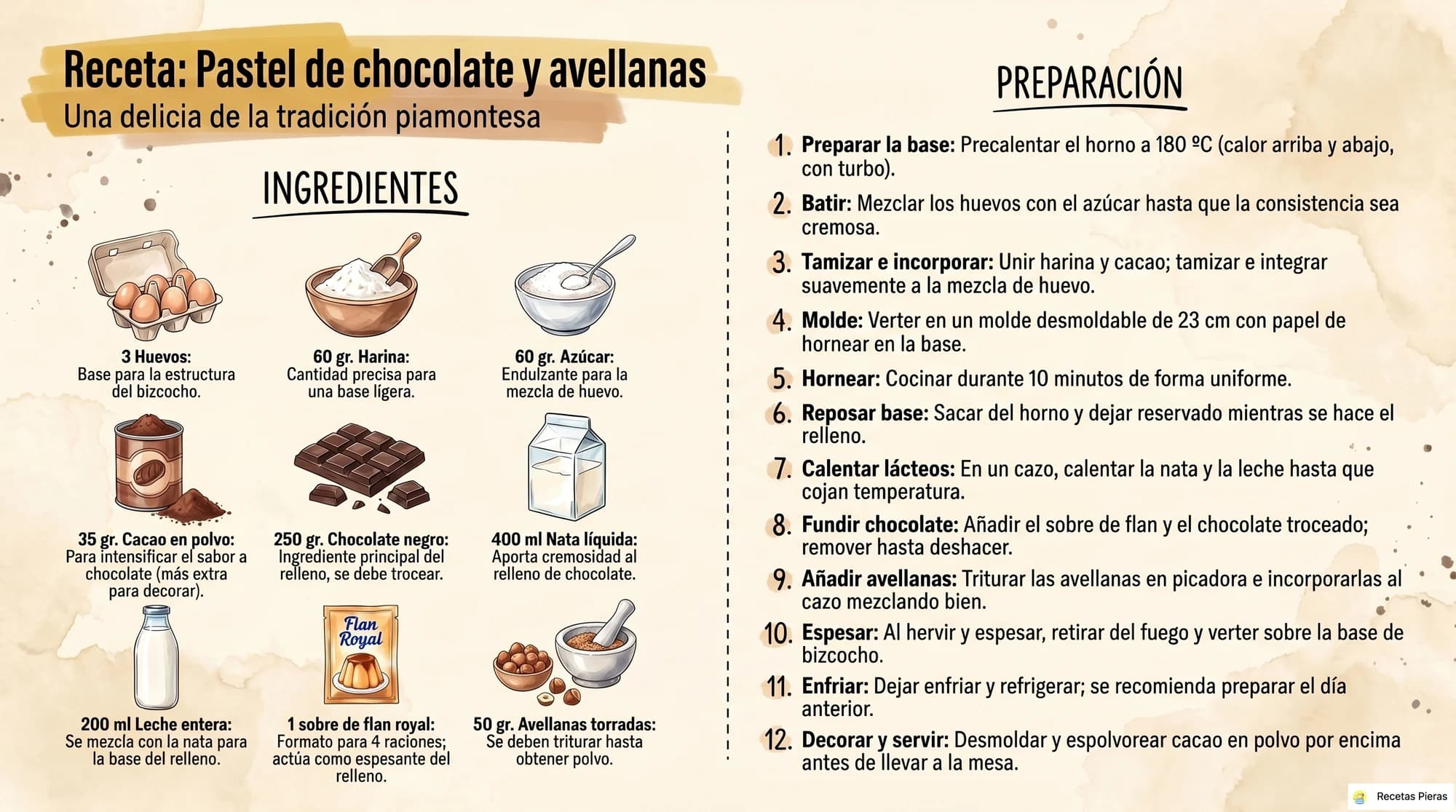 Infografía con los ingredientes y la preparación de Pastel de chocolate y avellanas