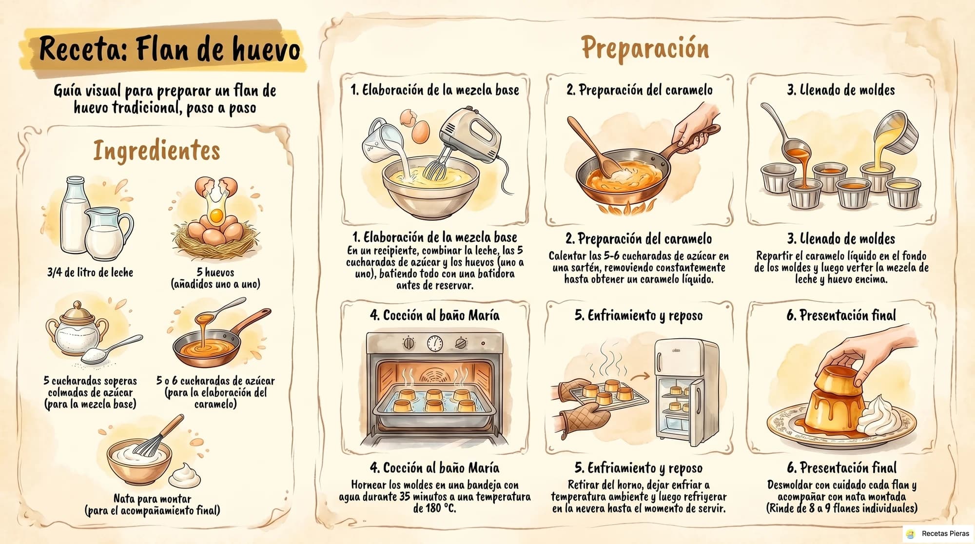 Infografía con los ingredientes y la preparación de Flan de huevo