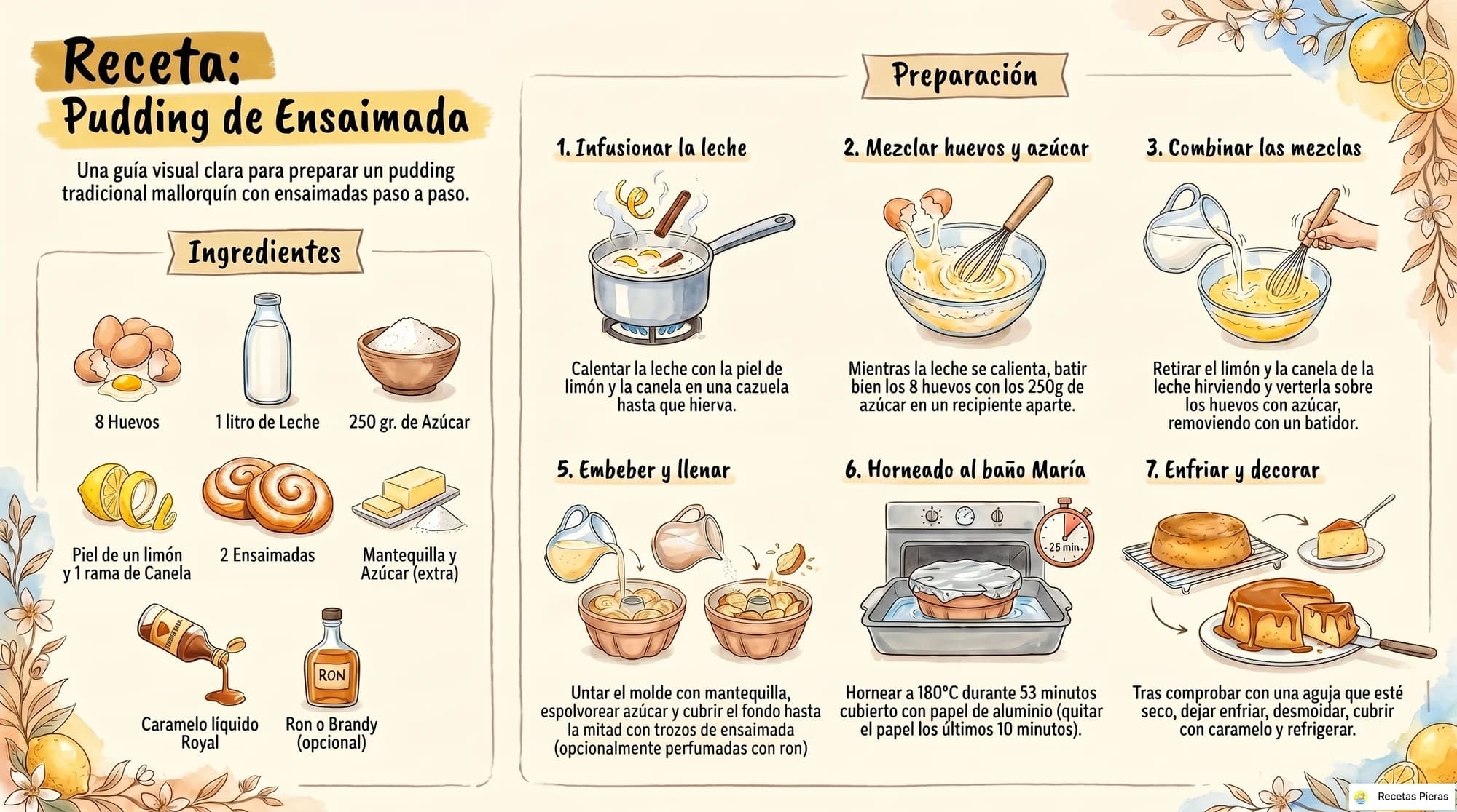 Infografía con los ingredientes y la preparación de Pudding de ensaimada