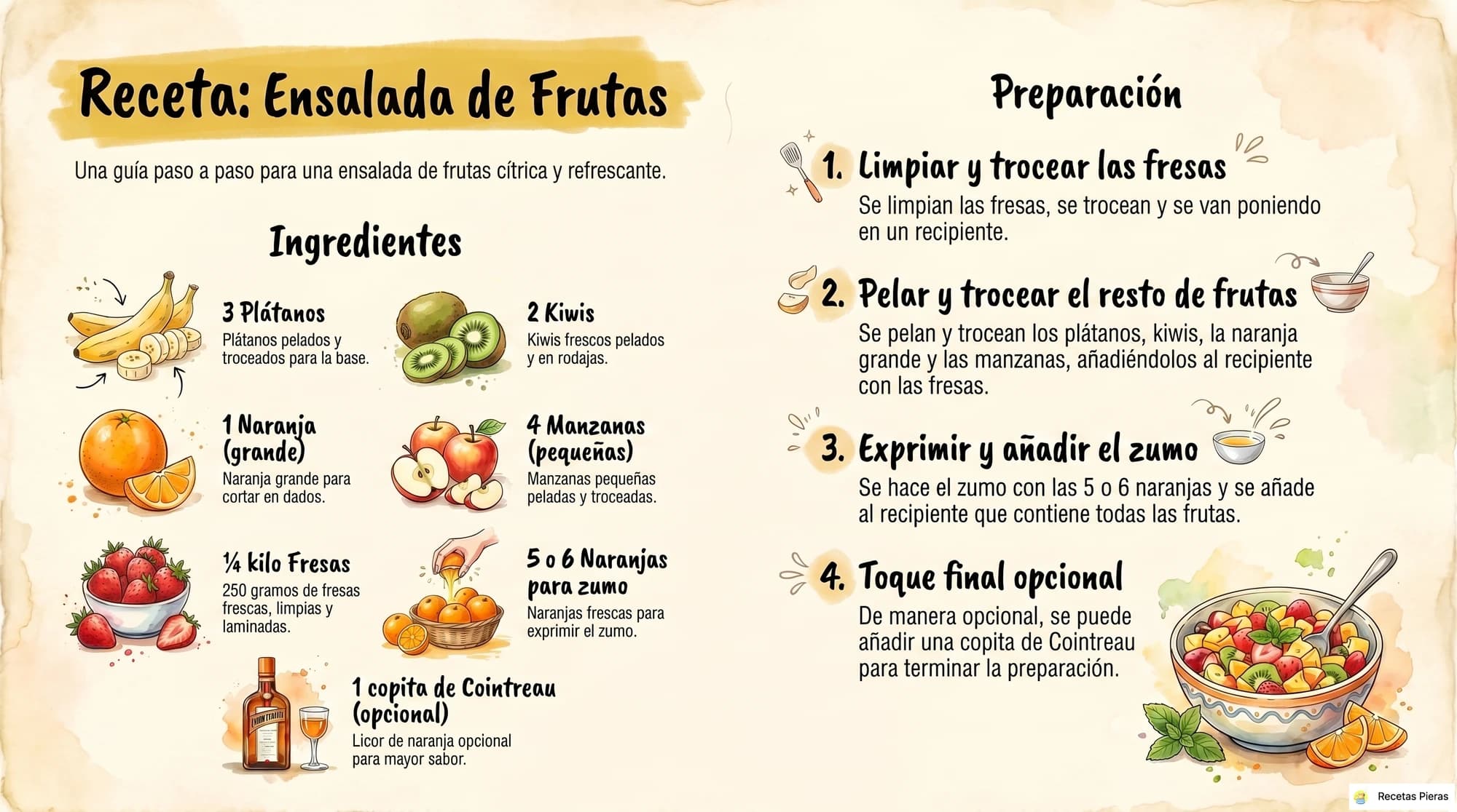 Infografía con los ingredientes y la preparación de Ensalada de frutas