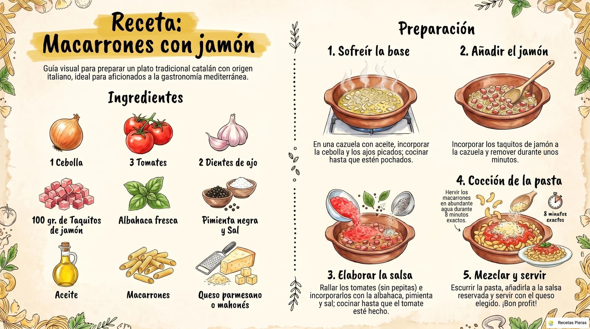 Infografía con los ingredientes y la preparación de Macarrones con jamón