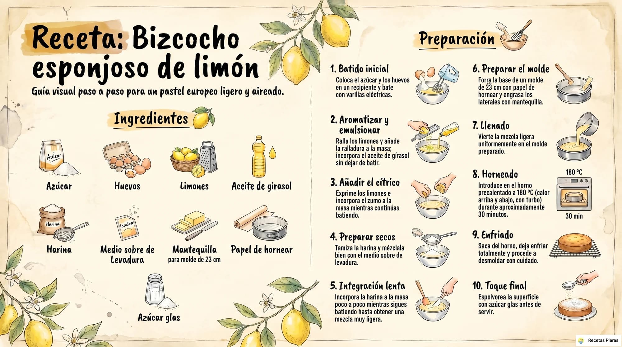 Infografía con los ingredientes y la preparación de Bizcocho esponjoso de limón