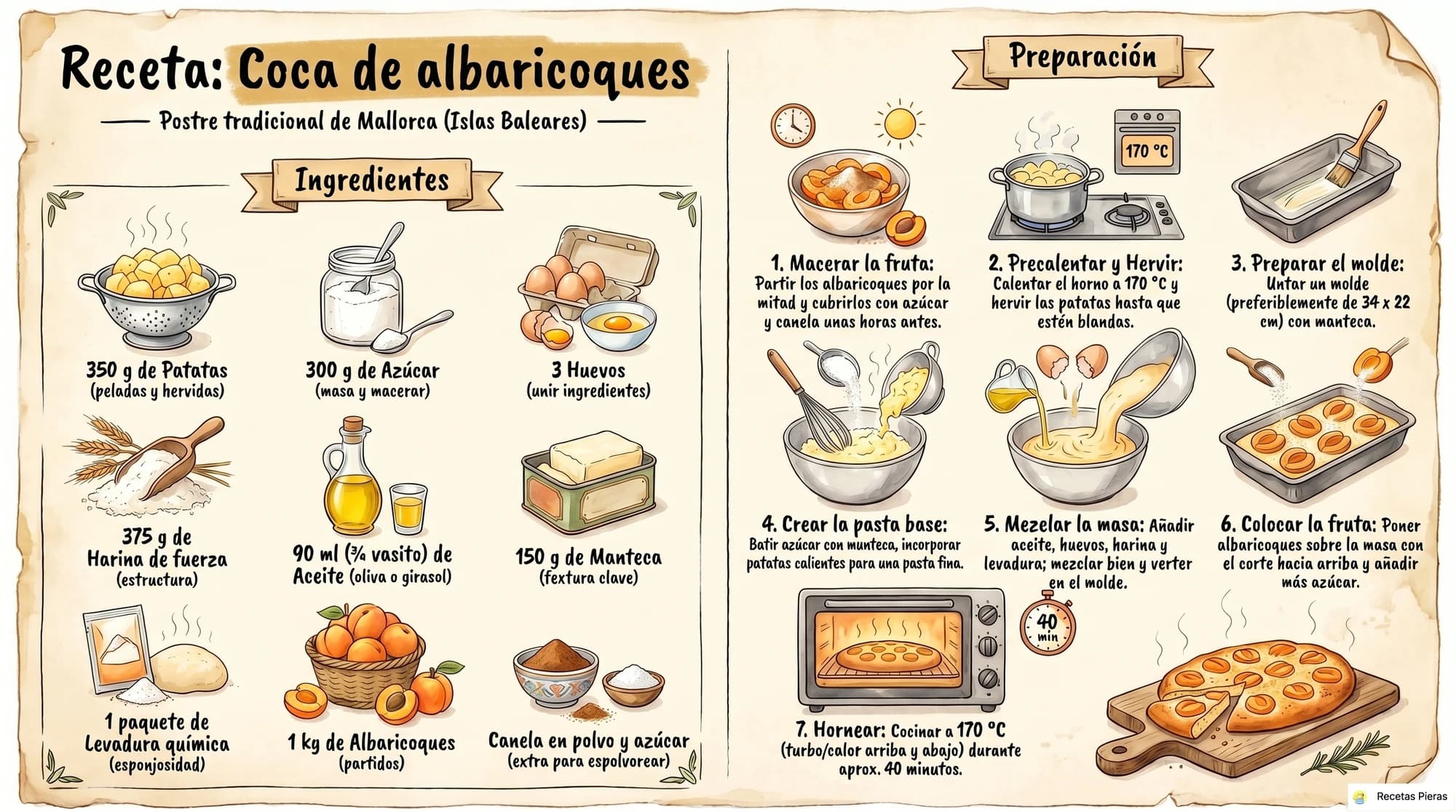 Infografía con los ingredientes y la preparación de Coca de albaricoques
