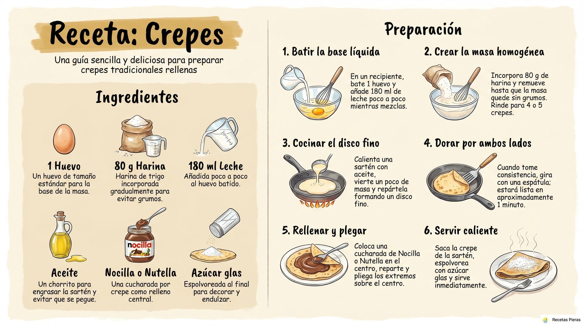 Infografía con los ingredientes y la preparación de Crepes