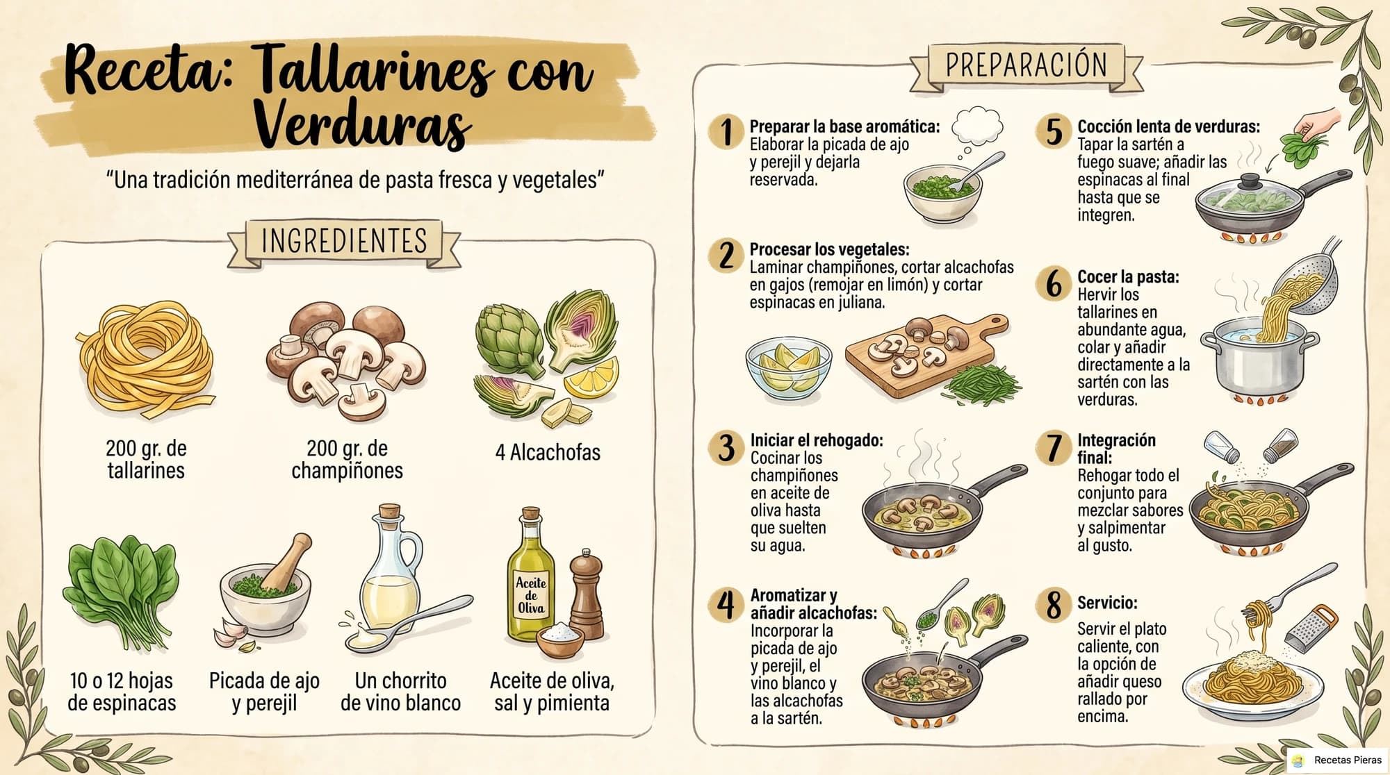 Infografía con los ingredientes y la preparación de Tallarines con verduras