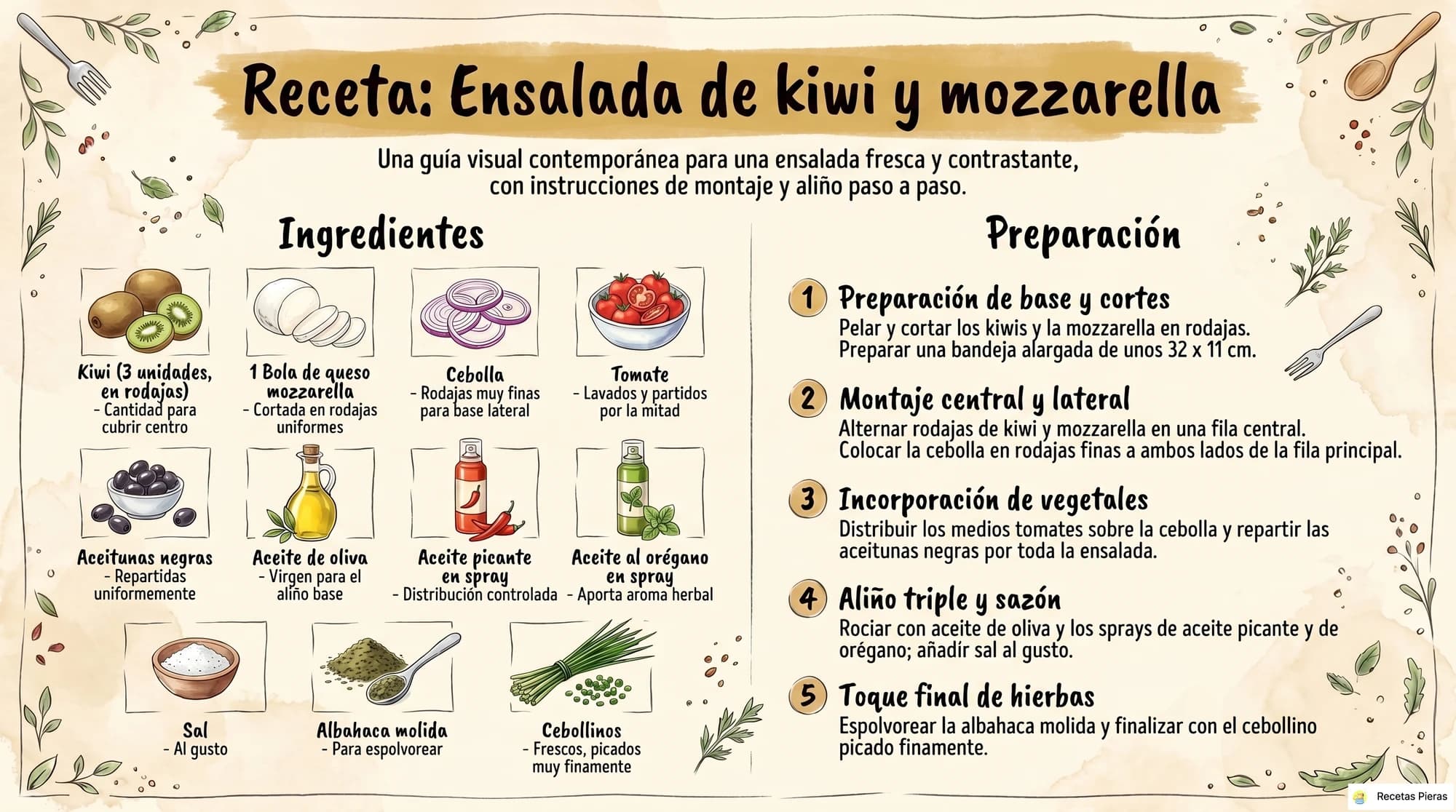 Infografía con los ingredientes y la preparación de Ensalada de kiwi y mozzarella