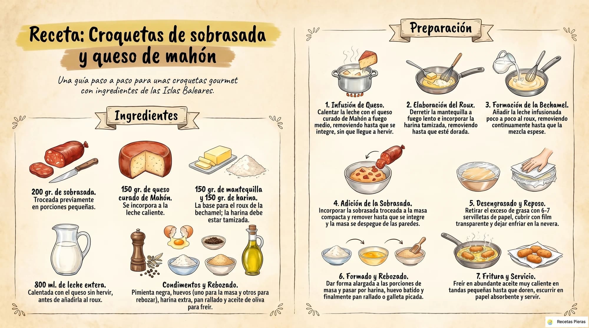 Infografía con los ingredientes y la preparación de Croquetas de sobrasada y queso de mahón