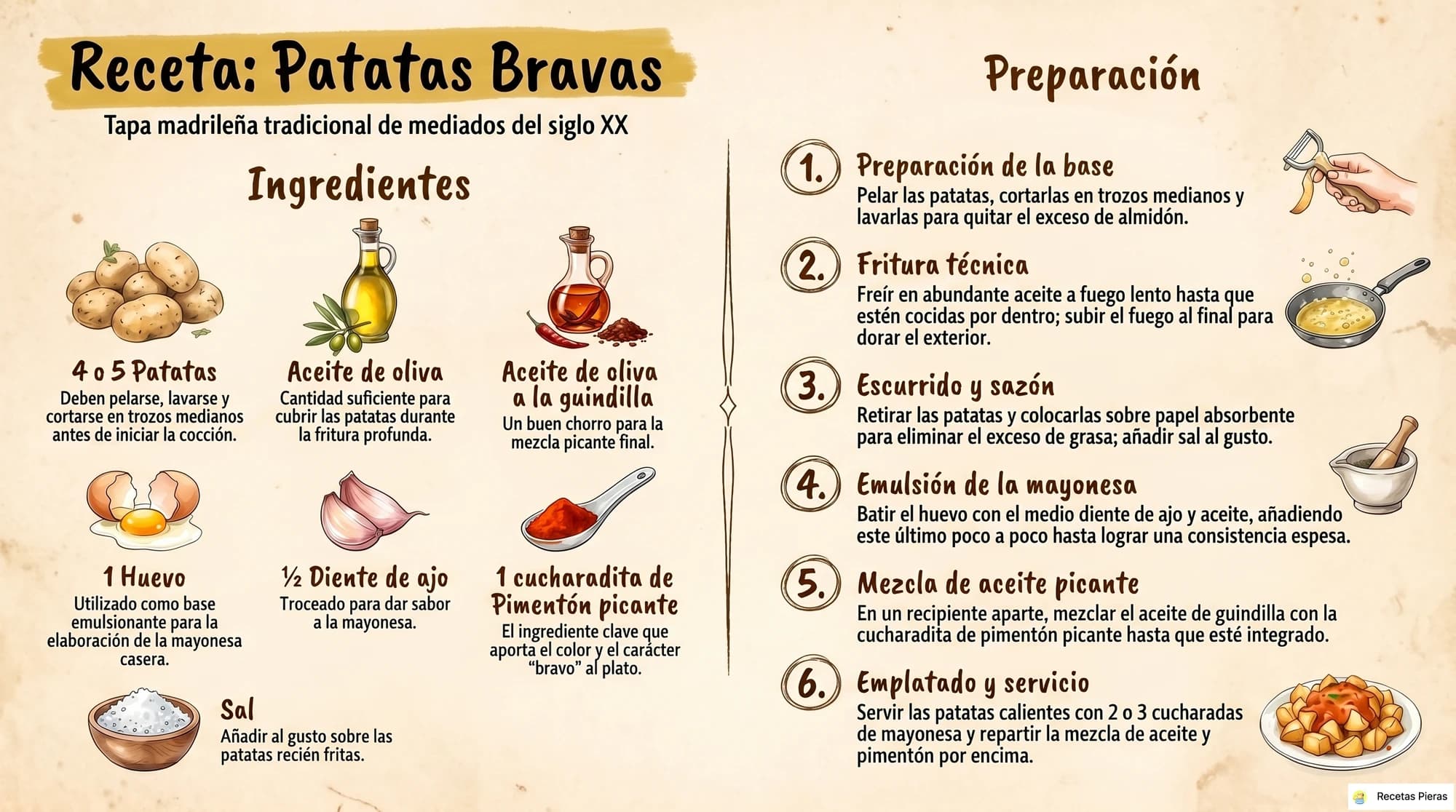 Infografía con los ingredientes y la preparación de Patatas bravas