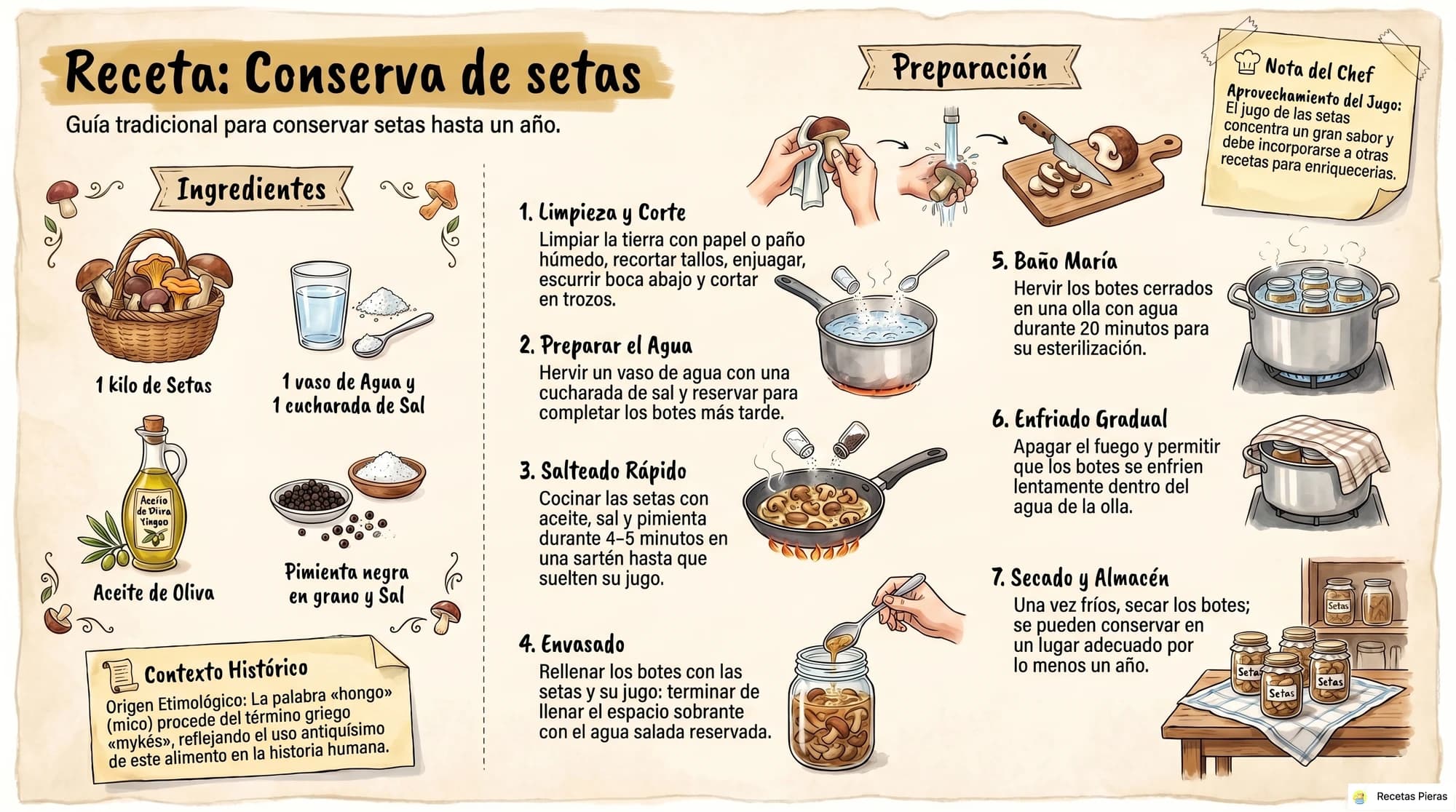 Infografía con los ingredientes y la preparación de Conserva de setas