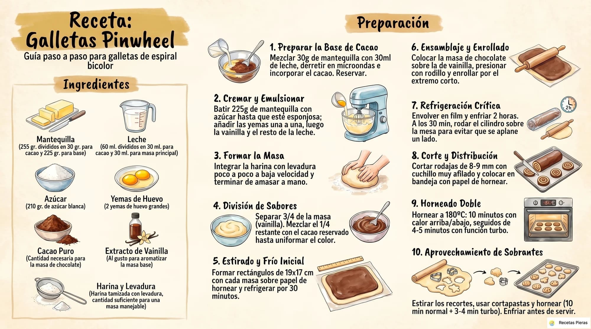 Infografía con los ingredientes y la preparación de Galletas pinwheel