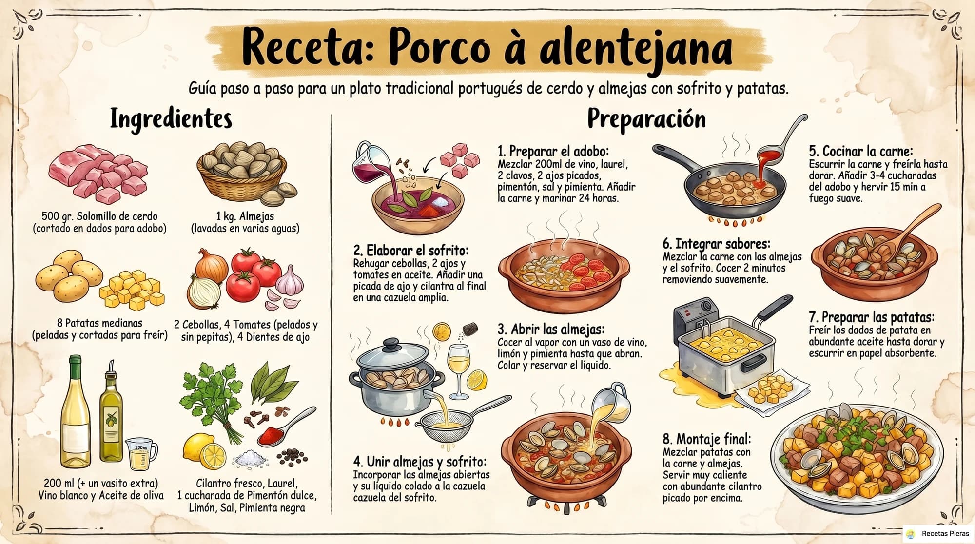 Infografía con los ingredientes y la preparación de Porco à alentejana