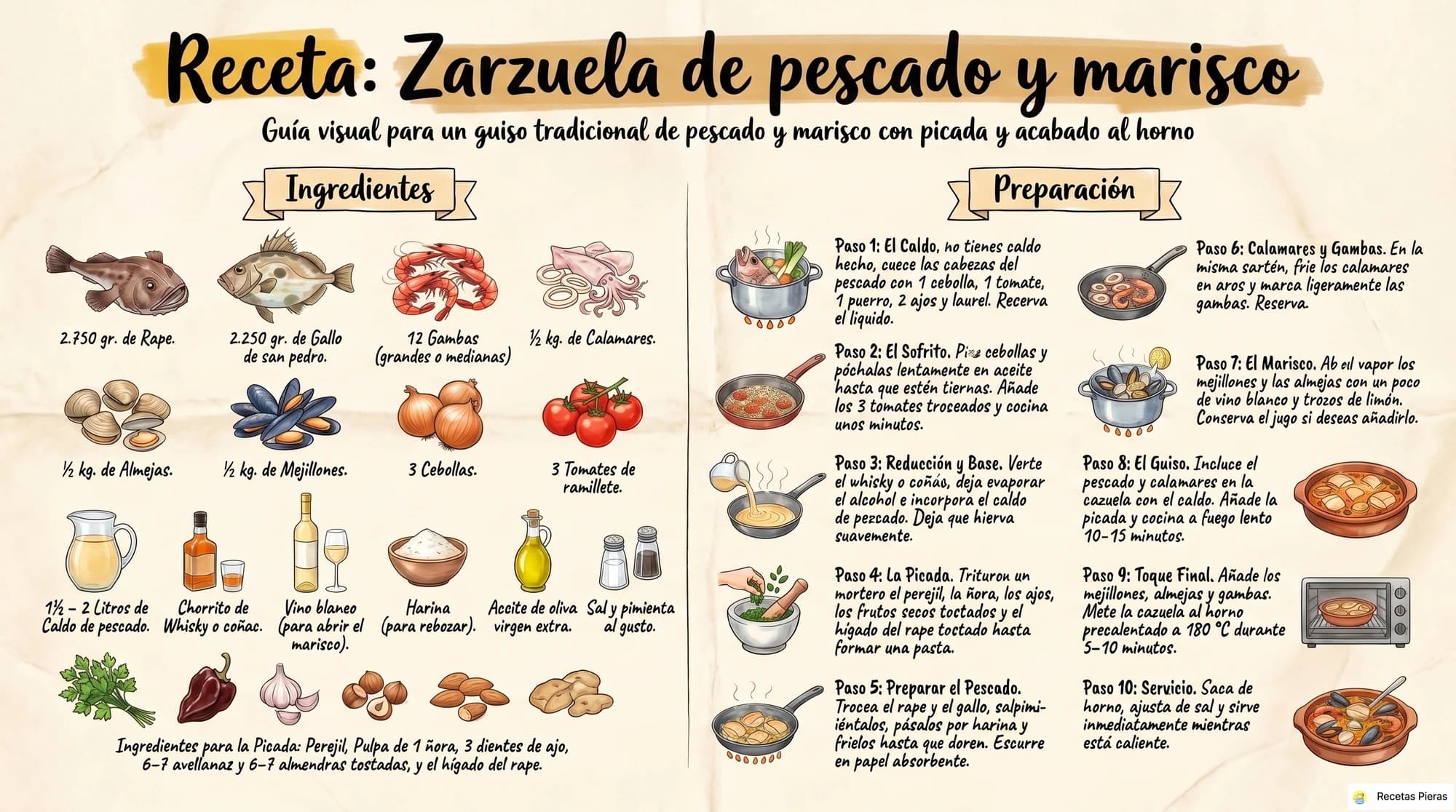 Infografía con los ingredientes y la preparación de Zarzuela de pescado y marisco