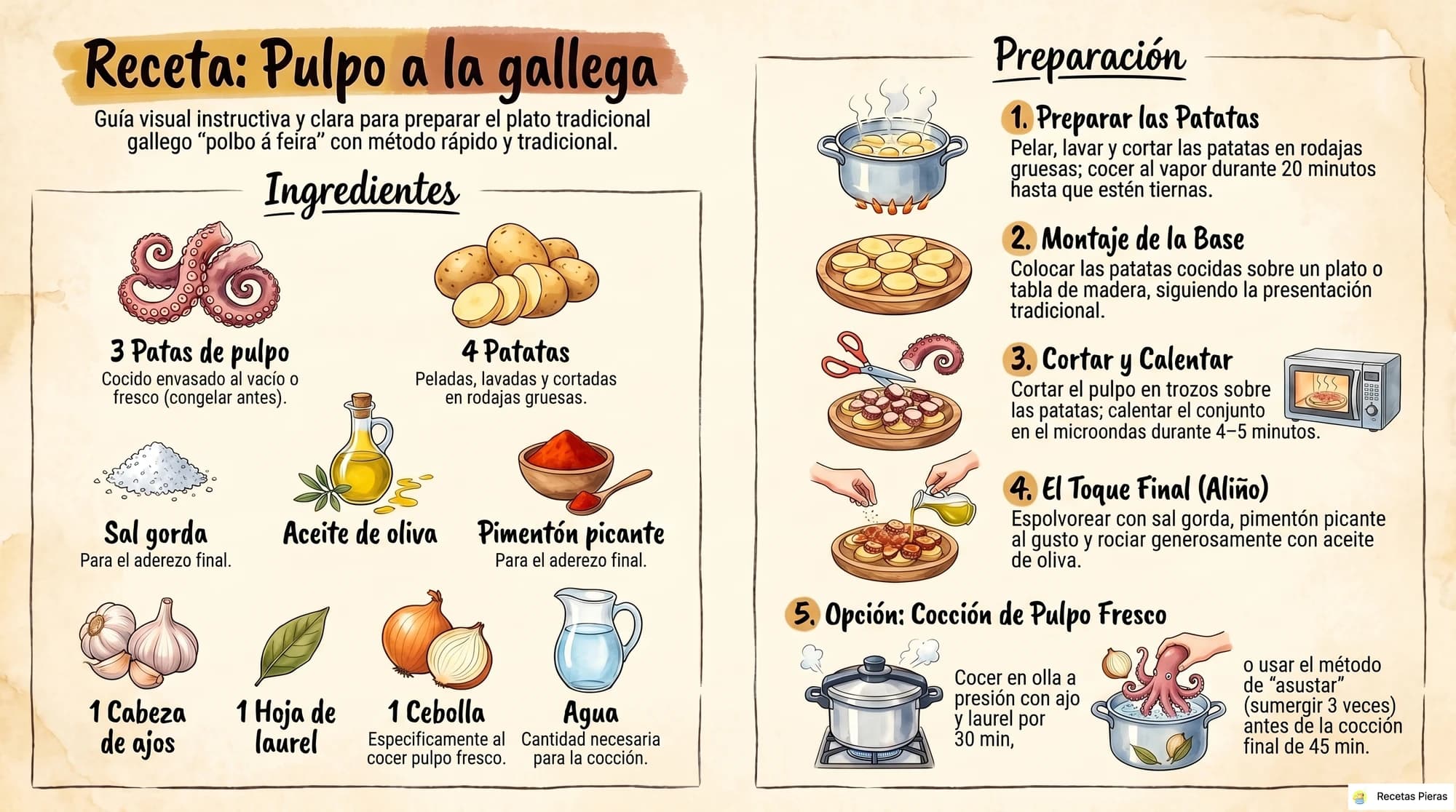 Infografía con los ingredientes y la preparación de Pulpo a la gallega