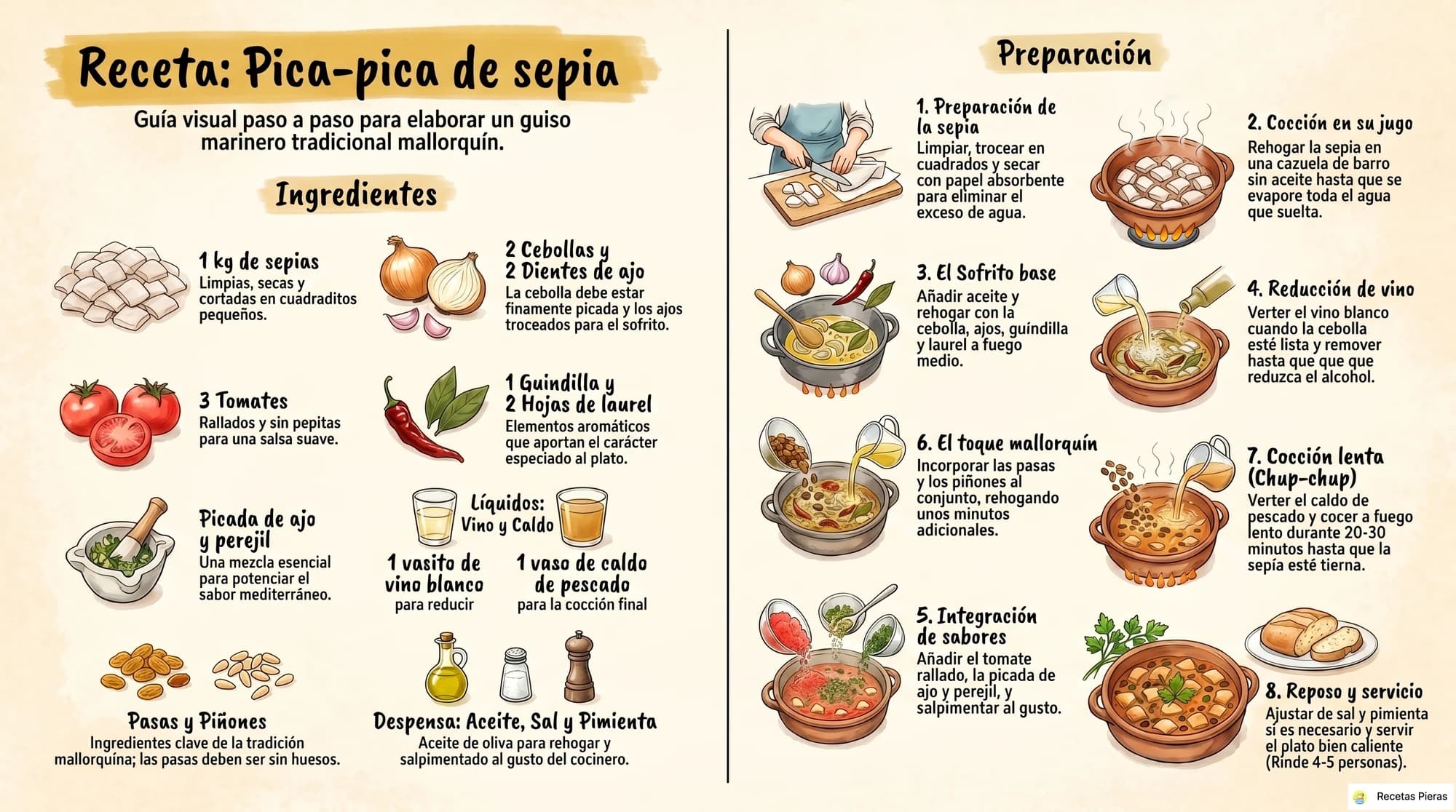 Infografía con los ingredientes y la preparación de Pica-pica de sepia