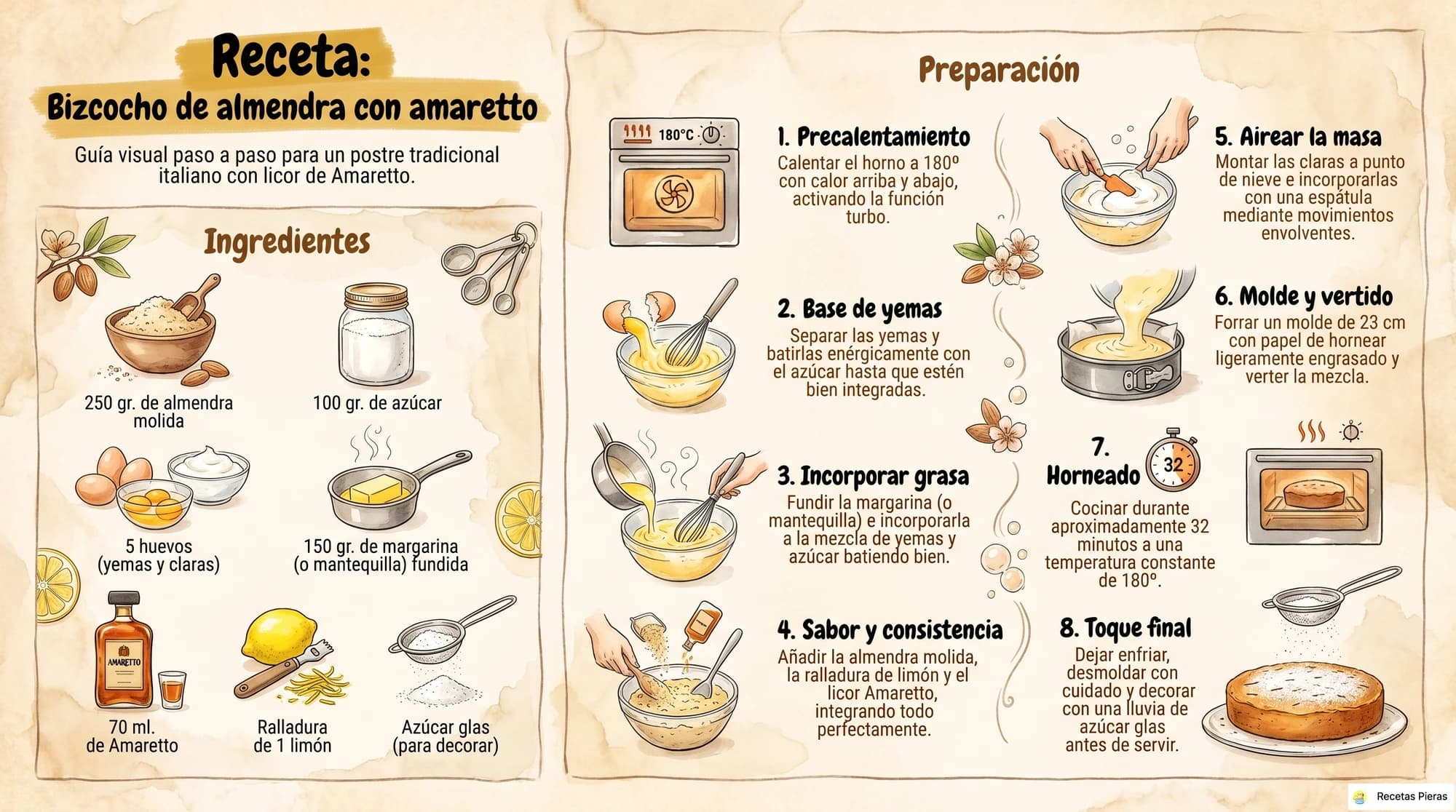 Infografía con los ingredientes y la preparación de Bizcocho de almendra con amaretto