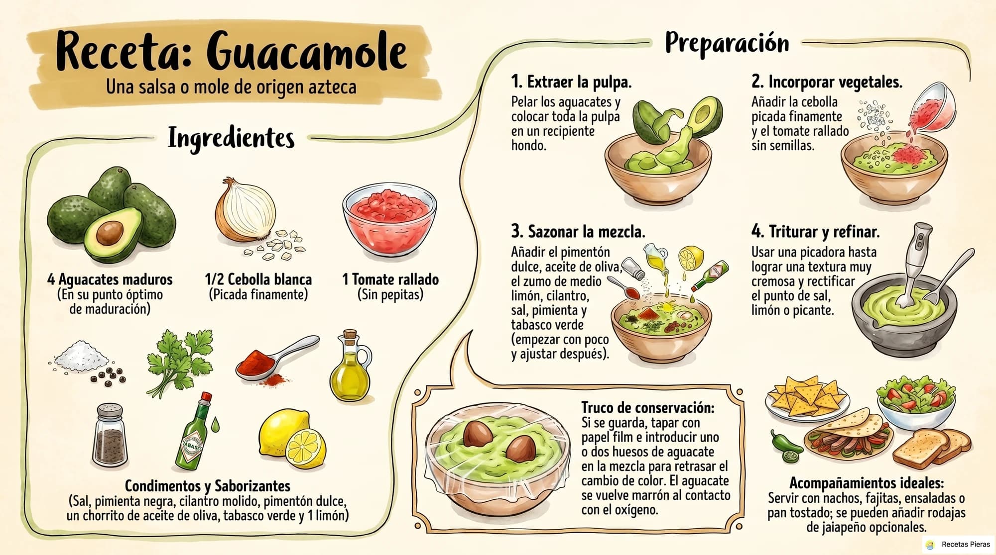 Infografía con los ingredientes y la preparación de Guacamole