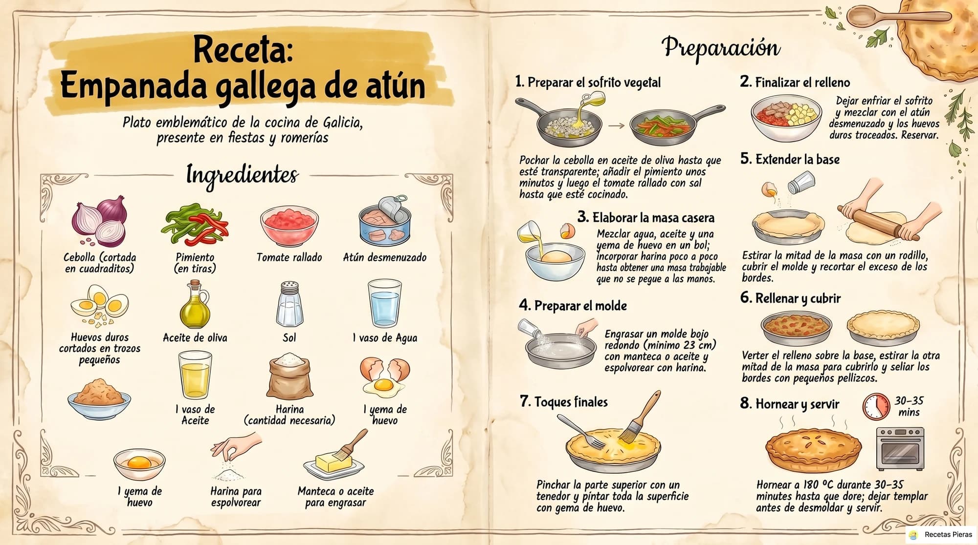 Infografía con los ingredientes y la preparación de Empanada gallega de atún