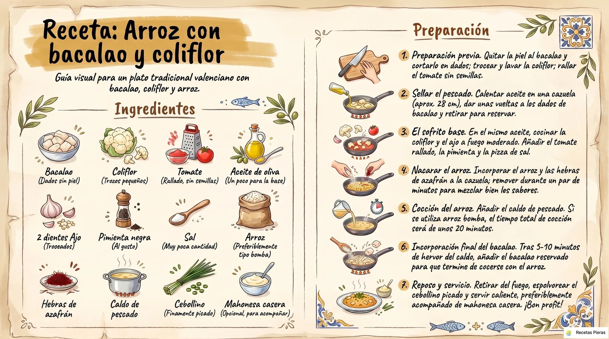 Infografía con los ingredientes y la preparación de Arroz con bacalao y coliflor