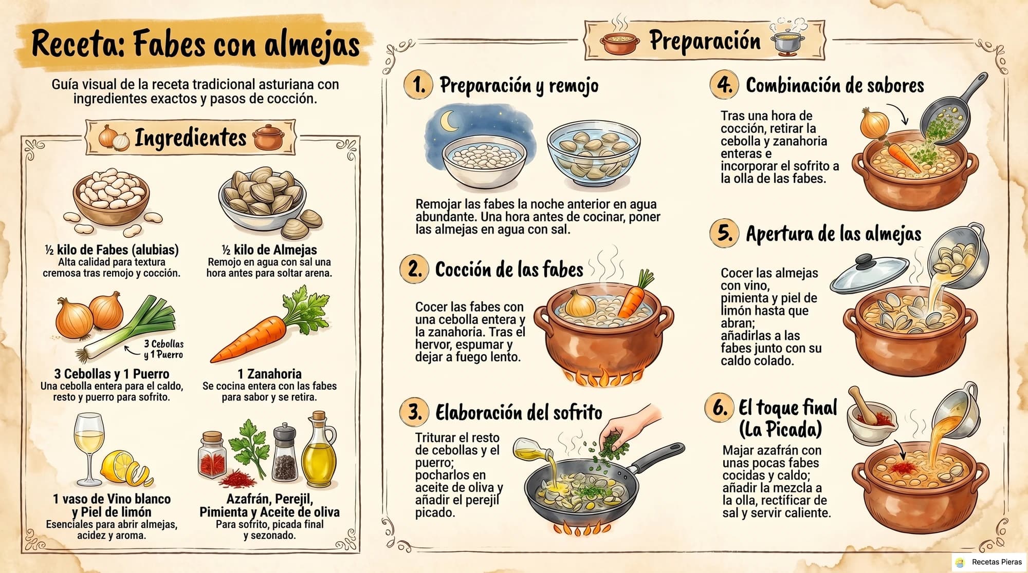 Infografía con los ingredientes y la preparación de Fabes con almejas