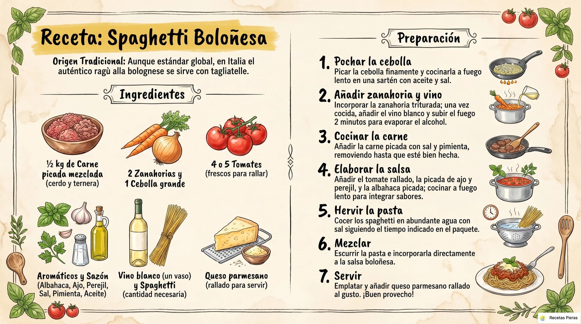 Infografía con los ingredientes y la preparación de Spaghetti boloñesa